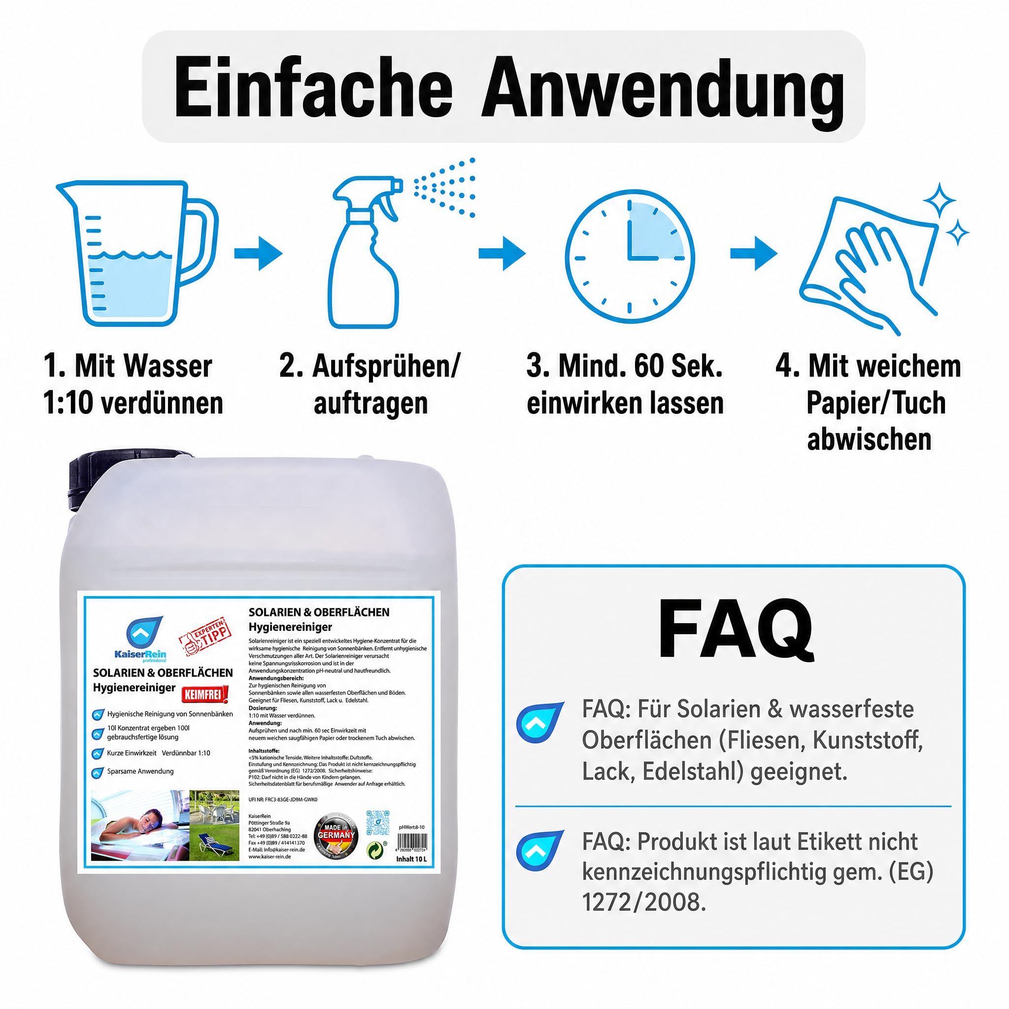 KaiserRein Oberflächenreiniger für Solarium & Sonnenbank, Hygienereiniger Konzentrat 10 L Kanister, pH-neutral & hautfreundlich, schonend zu Kunststoff, für Fliesen, Lack & Edelstahl, frischer Duft