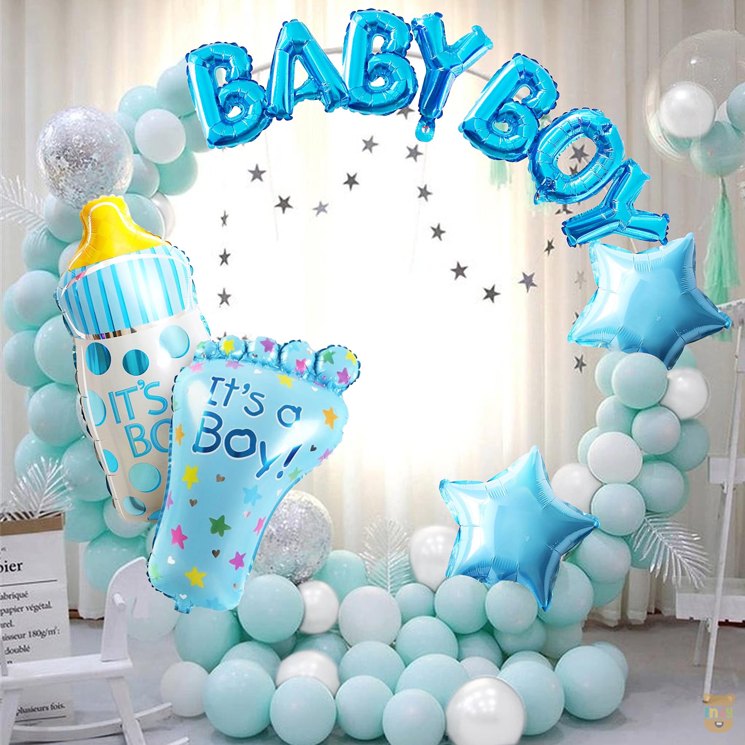 Just Party Set Of 41 Pcs -15 White,Blue Pastel Balloons, 1 Bottle, 2 Blue Star Foil Balloon, 1 Blue Foot, 8 Letter Baby Boy Balloon For Kids Birthday Party Theme Decoration Kit