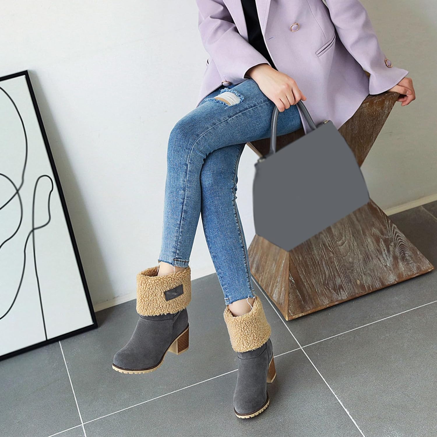 Bellirala Women's Winter Warm Snow Boots Fold Over Fur Ankle Boots Chunky Block Heels Mid-Calf Boots Platform Furry Short Boots