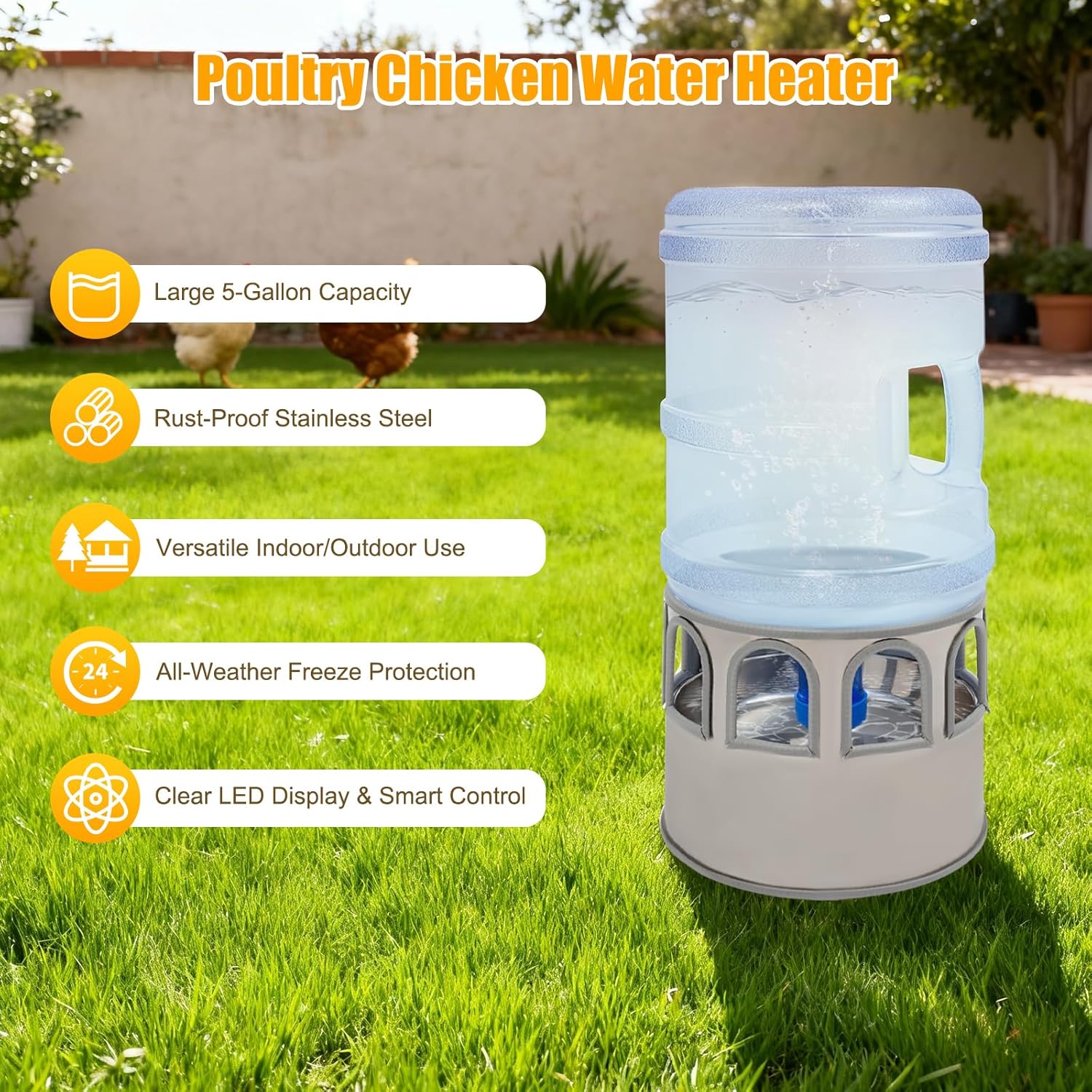 Poultry Chicken Water Heater, 80W Heated Chicken Waterer 5 Gallon with 32 °F-122°F Temperature Adjustable, 9 Drinking Windows & LED Display Screen, Poultry Water Deicer for Winter