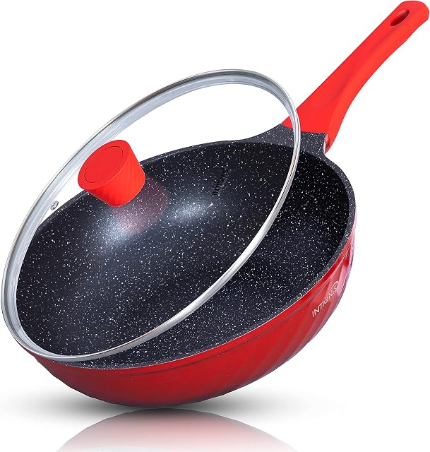 INTIGNIS Pro Wok Non Stick with Glass Lid 30cm - Stir Fry Pan, 100% PFOA Free, Ceramic Coating, Cooking Pot (Red)