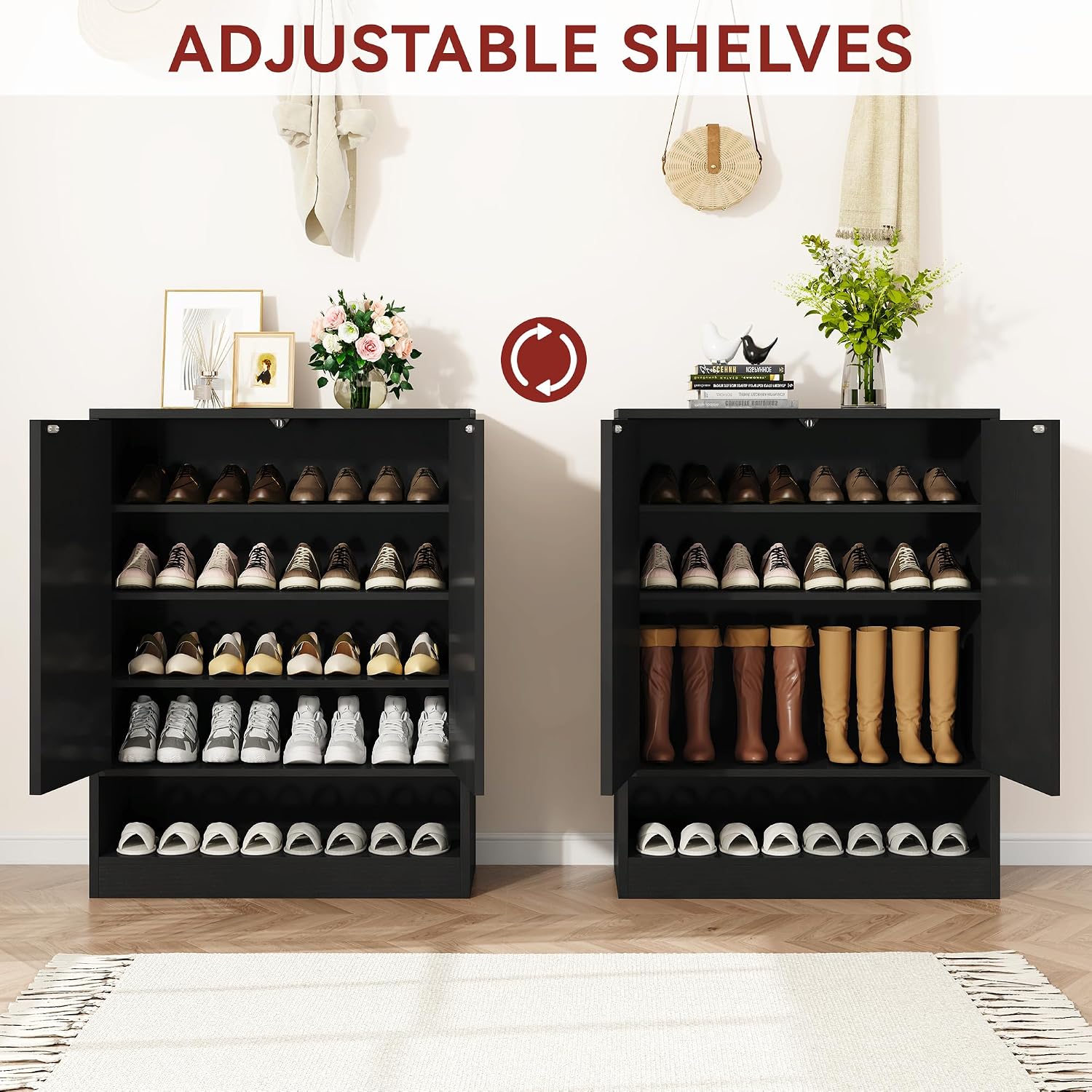 Fluted Shoe Cabinet with Doors, 41" Tall Entryway Shoe Organizer Cabinet with Adjustable Shelves, 5-Tier Modern Wood Free Standing Shoe Rack for Hallway, Living Room, Closet, Black