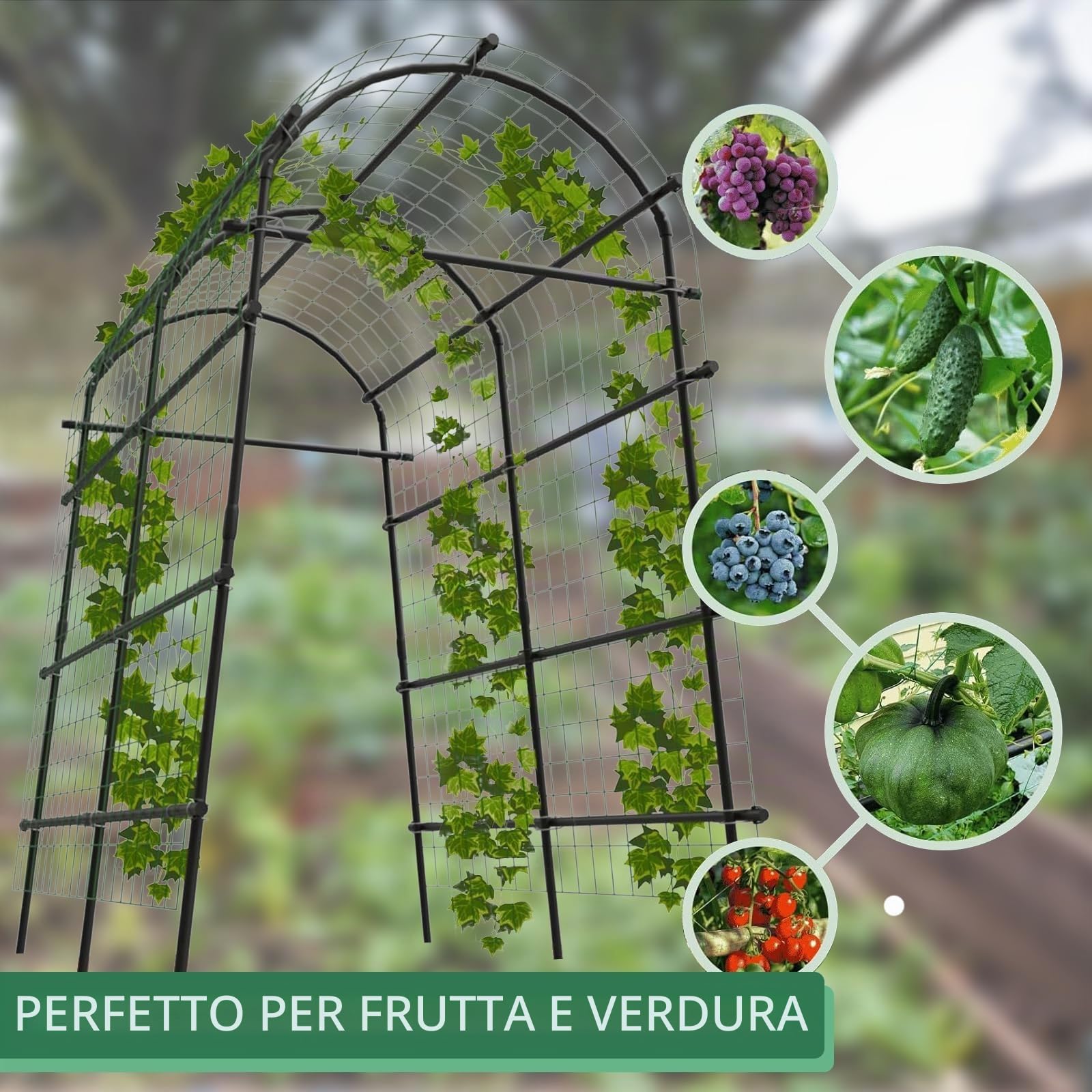 Arco Da Giardino Per Piante Rampicanti, in Metallo, 115 x 183 x 230 cm, Larghezza Regolabile 90-115 cm, Resistente Alle Intemperie, Per Verdura, Frutta, Fiori
