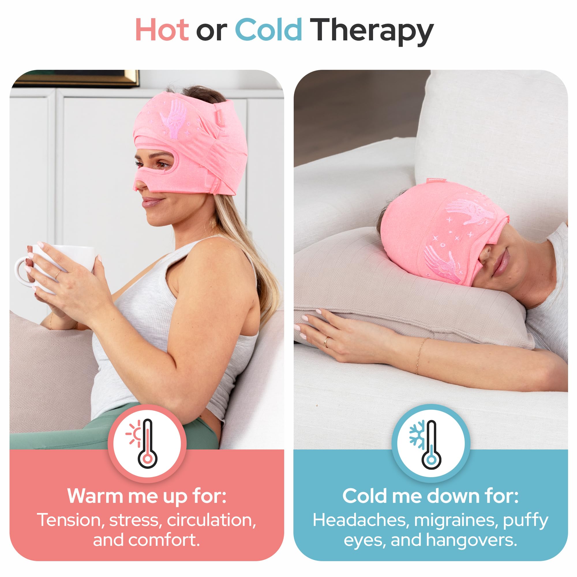 Gorro de alivio de migraña – Máscara de ojos deslizante integrada – Gorra de alivio natural de dolor de cabeza por tensión – Elegible por FSA HSA – Tapa de hielo de compresión de 360° para