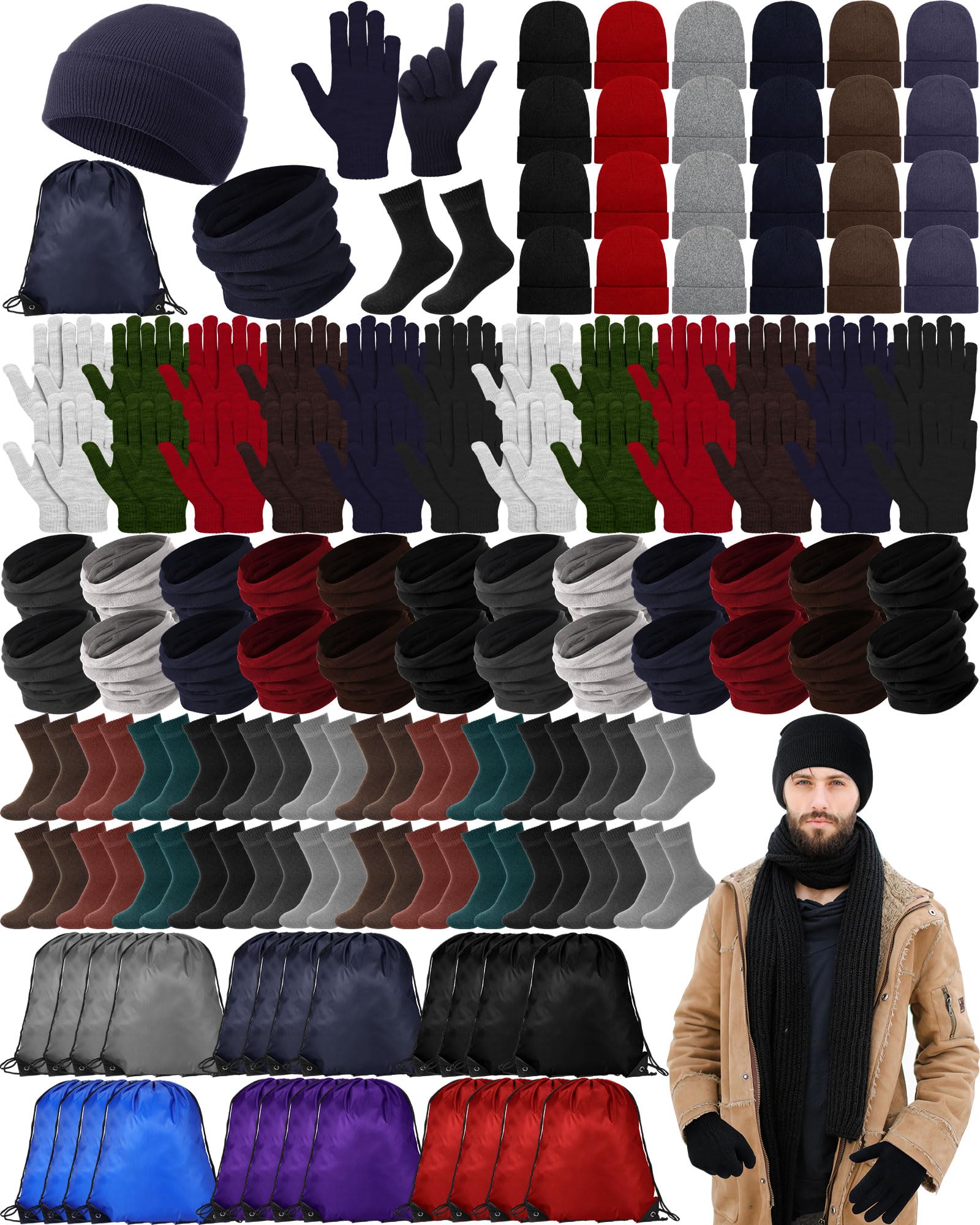 Suhine Homeless Care Package Supplies Bulk Winter Gloves Beanie Hat Neck Warmer Sock and Drawstring Bags for Men Women
