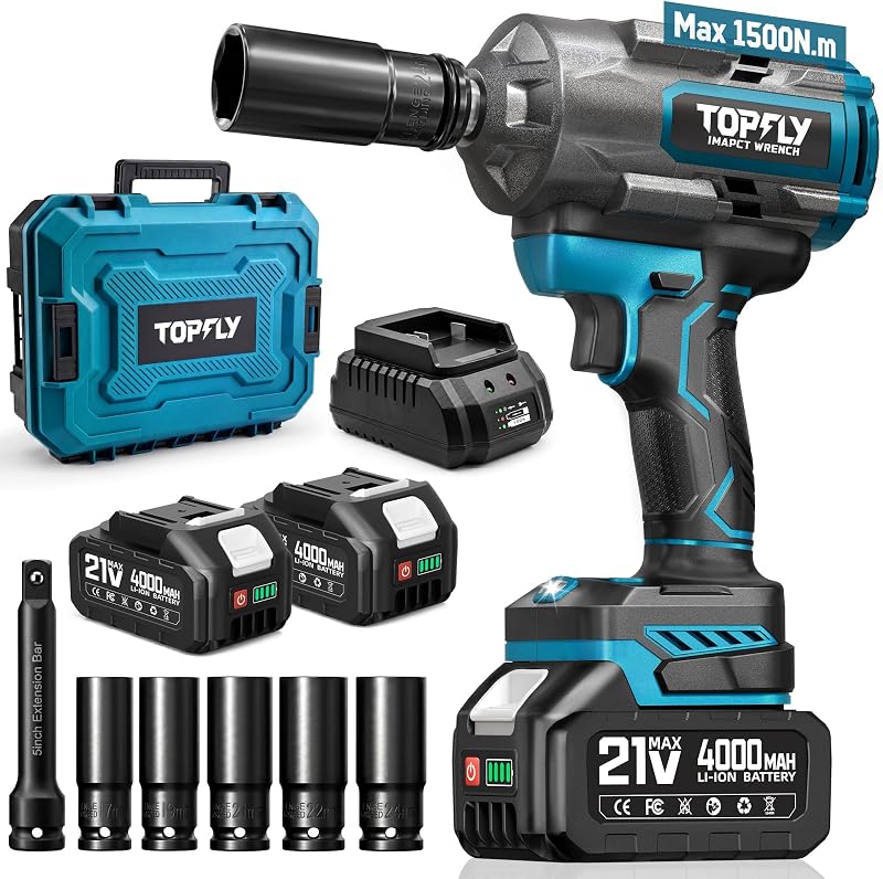 Llave de Impacto 1500N.m(1106Ft-lbs) Sin Escobillas, Pistola de Impacto de Alto Torque 1/2 con Baterías 2x4.0Ah, Llave de Impacto Inalámbrica, 4 Velocidades Variables, Controlador de Impacto de 3500RPM para Automóvil/Camioneta Pesada/Pickup