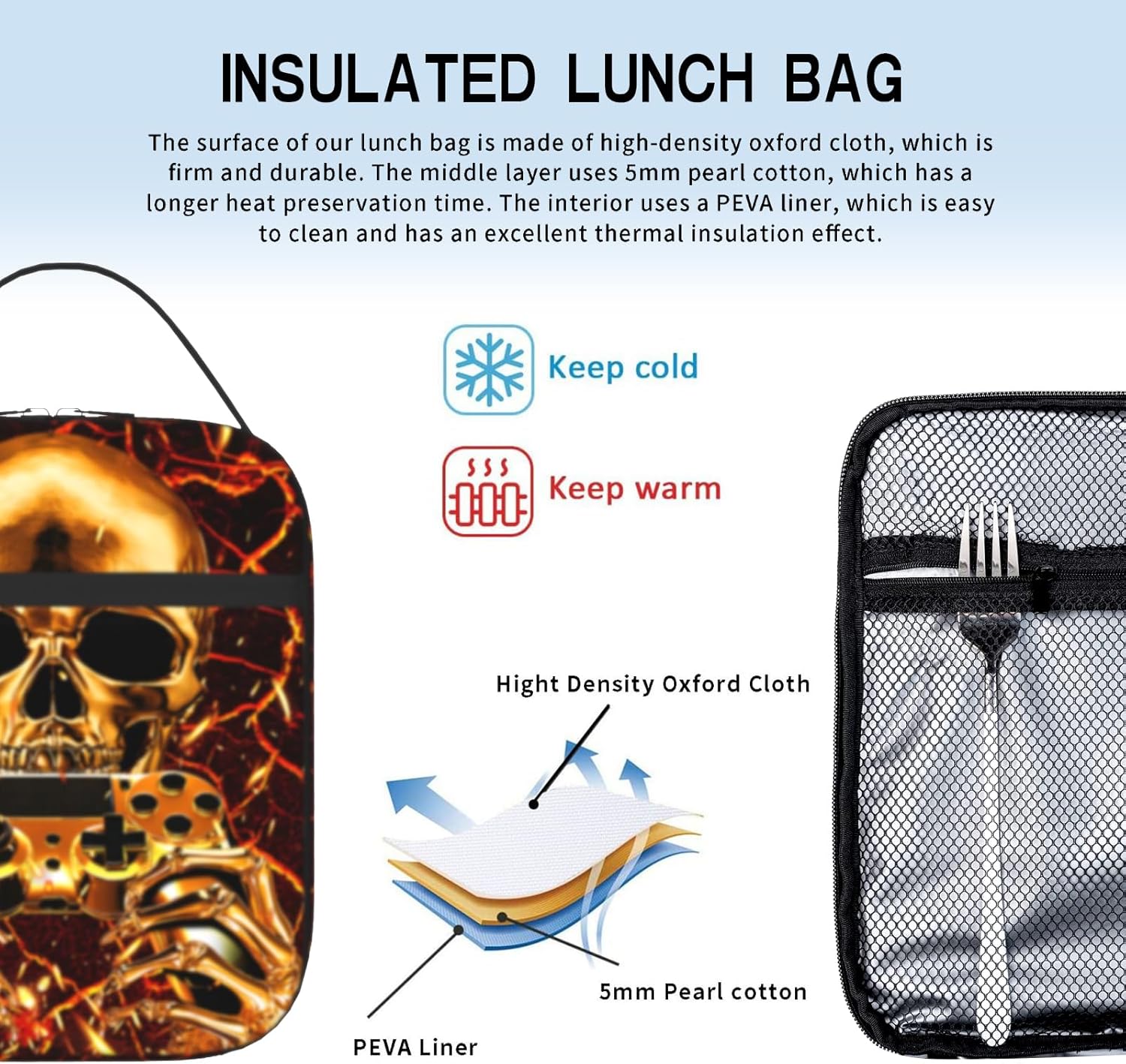 Video Game Lunch Box Skull Fire Cooler Insulated Reusable Portable Box Waterproof Leakproof Lunchbox for Boys Girls Kids Picnic Hiking Beach Travel Office - Image 3