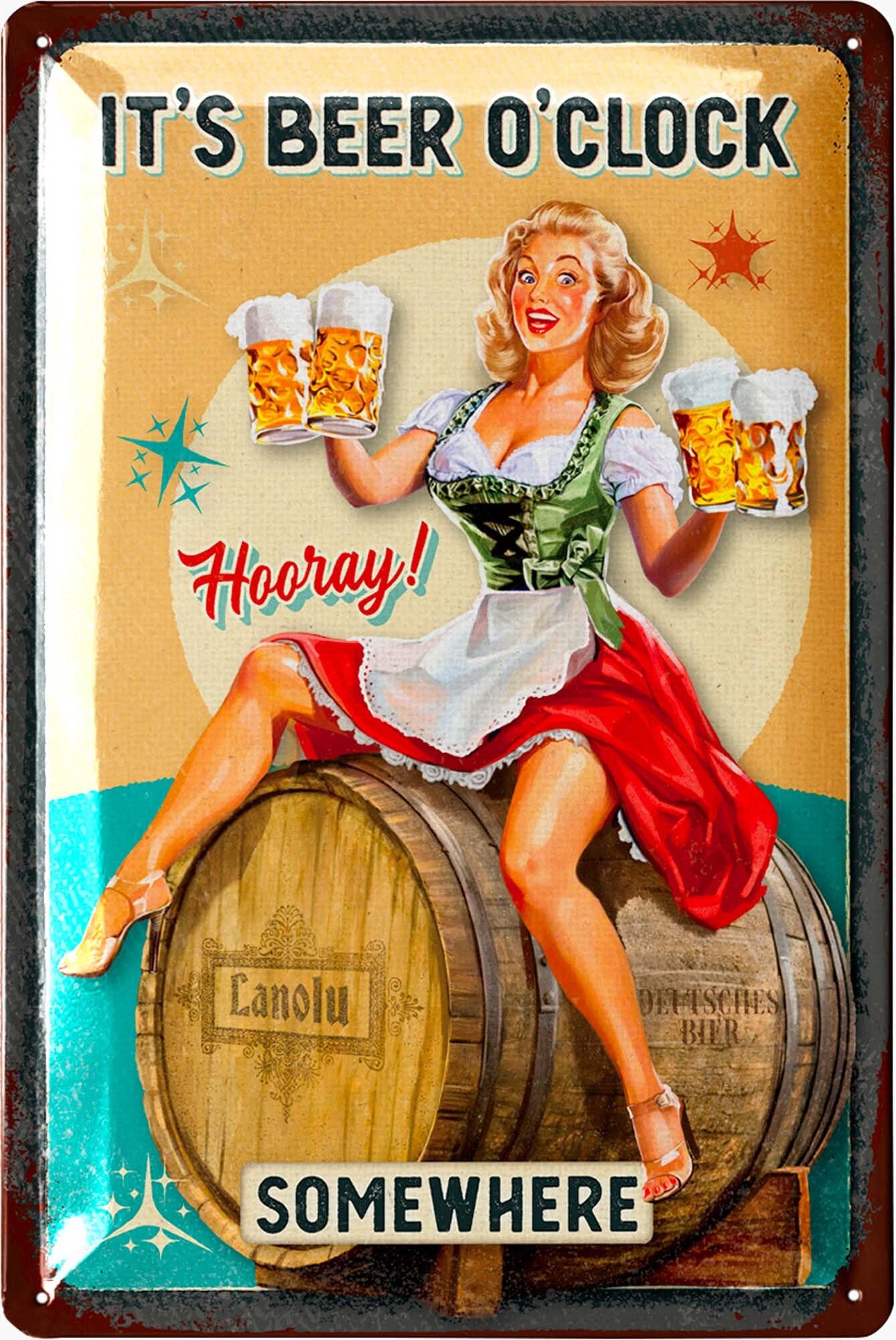 LANOLU Vintage Beer Sign - IT`S BEER O`CLOCK SOMEWHERE - Beer Signs for man Cave, Metal Beer Signs, Funny Metal Bar Signs, Vintage beer signs - Embossed 12x8"