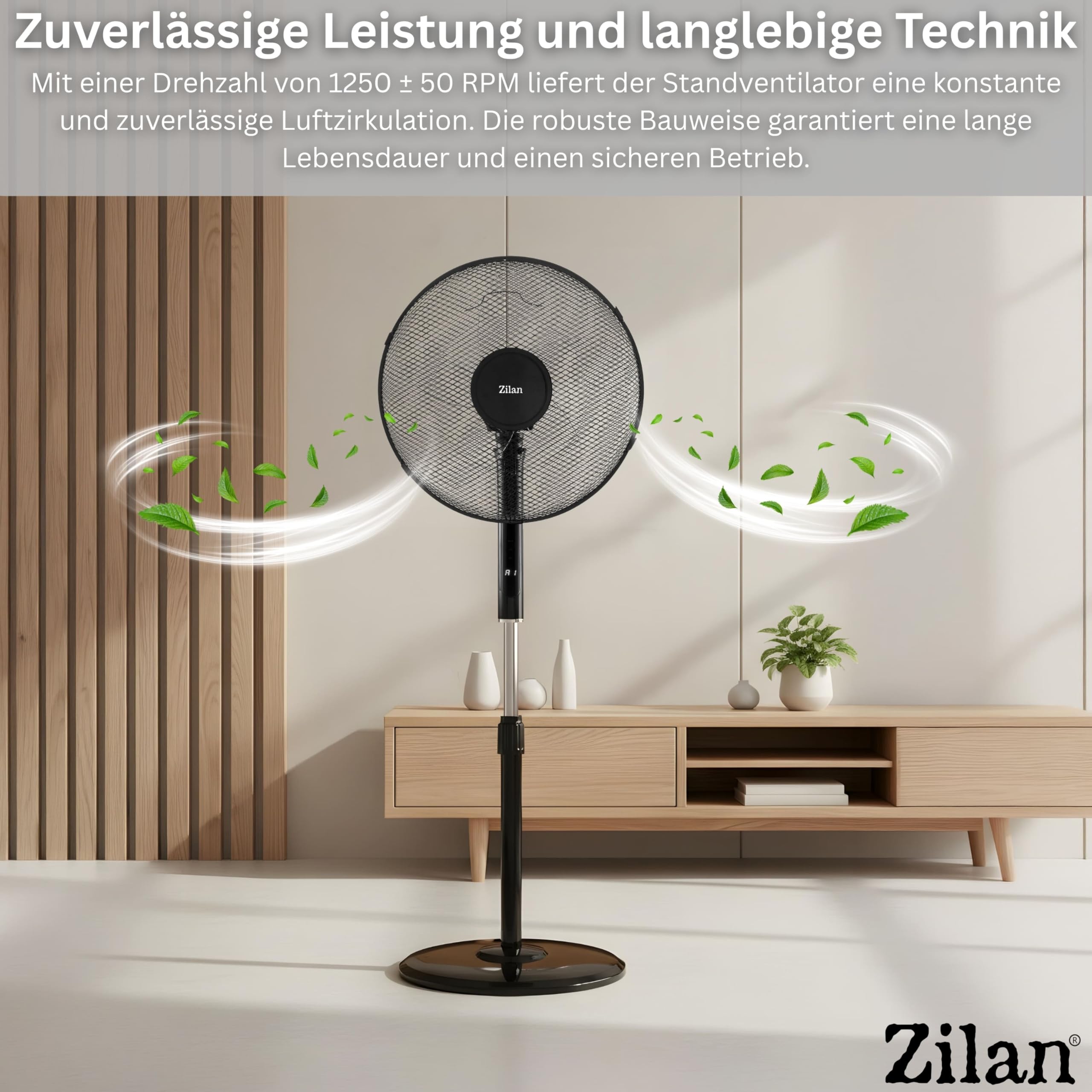 Zilan Standventilator 48W leise mit Fernbedienung Timer Ø43cm 3 Stufen Oszillation höhenverstellbar