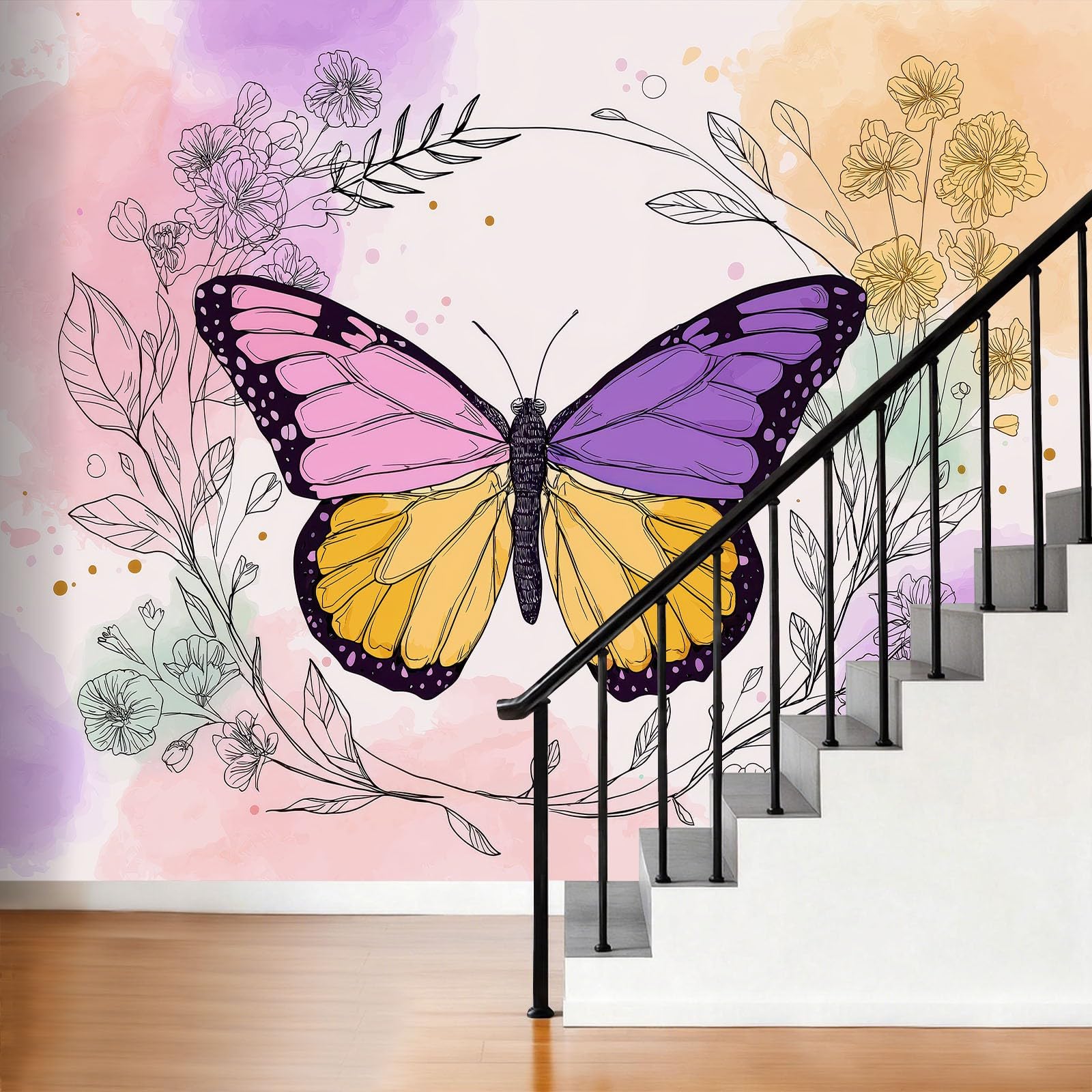 Papel pintado no tejido efecto 3D mariposa zarcillos pequeñas flores 450 x 280 cm XXL papel pintado fotográfico dormitorio estilo natural papel pintado salón pared decoración pasillo Aesthetic murales