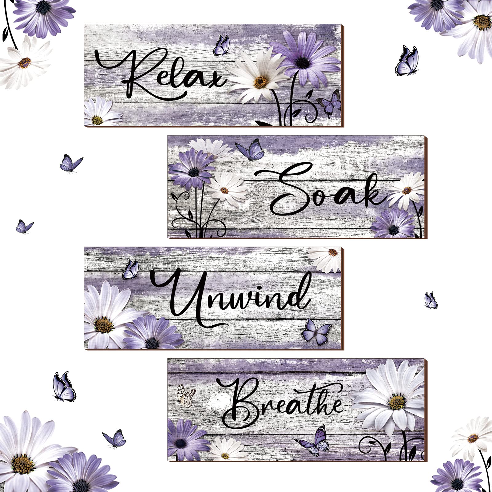 Sunnyray 4 Pcs Farmhouse Bathroom Wall Decor Sign Spring Daisy Tulip Flowers and Butterfly Bathroom Wall Art Relax Soak Unwind Breathe Rustic Wood Plaque Decor(10 x 4 Inch,Purple)