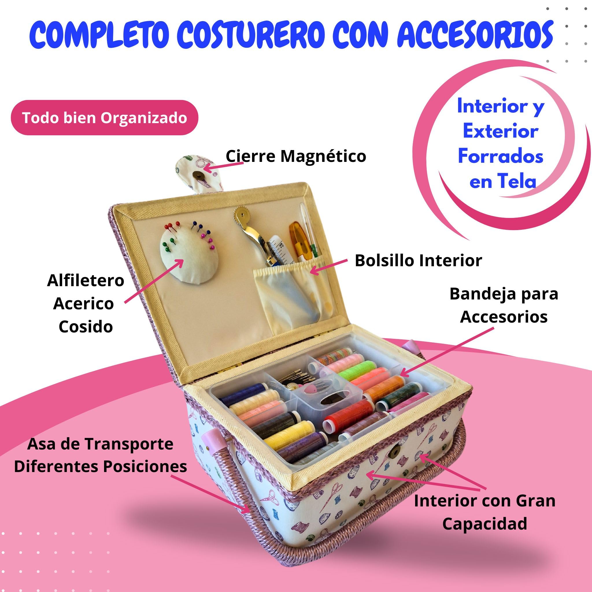 SusggO 140 piezas Costurero Grande Completo Guia Basica Puntadas. Costurero Madera forrado Tela Accesorios Kit de Costura para Adultos Costureros Reglas de Costura Patchwork (Rosa)