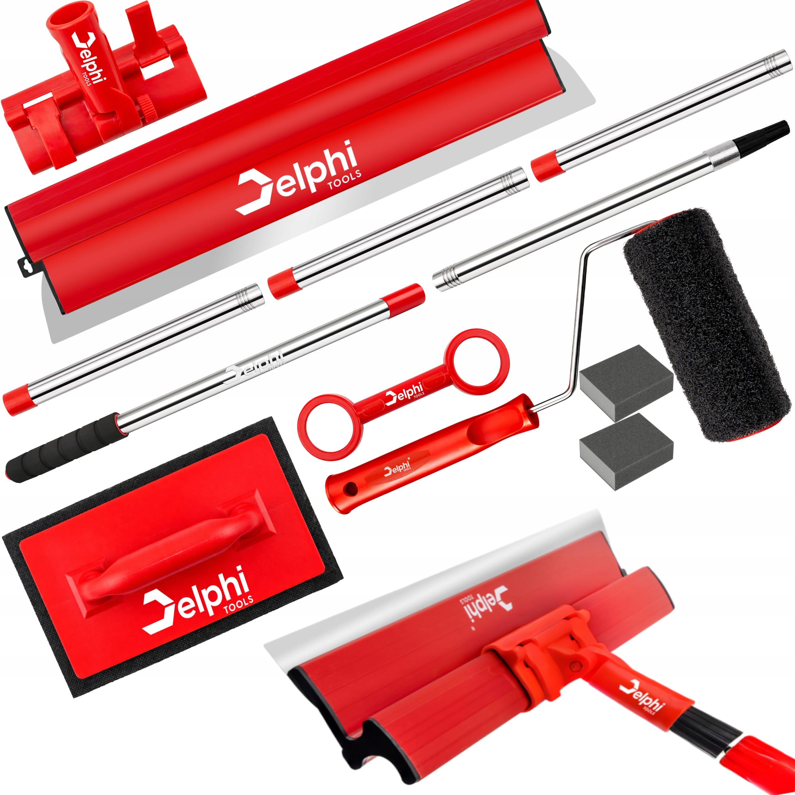 Kit de espátulas 8 piezas 60 cm con rodillo y mango telescópico | Kit completo para aplicar y alisar masilla en paredes y techos de forma rápida, precisa y cómoda.