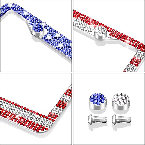 Miniatura 3 de Marcos de matrícula con bandera de Estados Unidos, paquete de 2 marcos de matrícula con diamantes de imitación deslumbrantes para patriota, marcos
