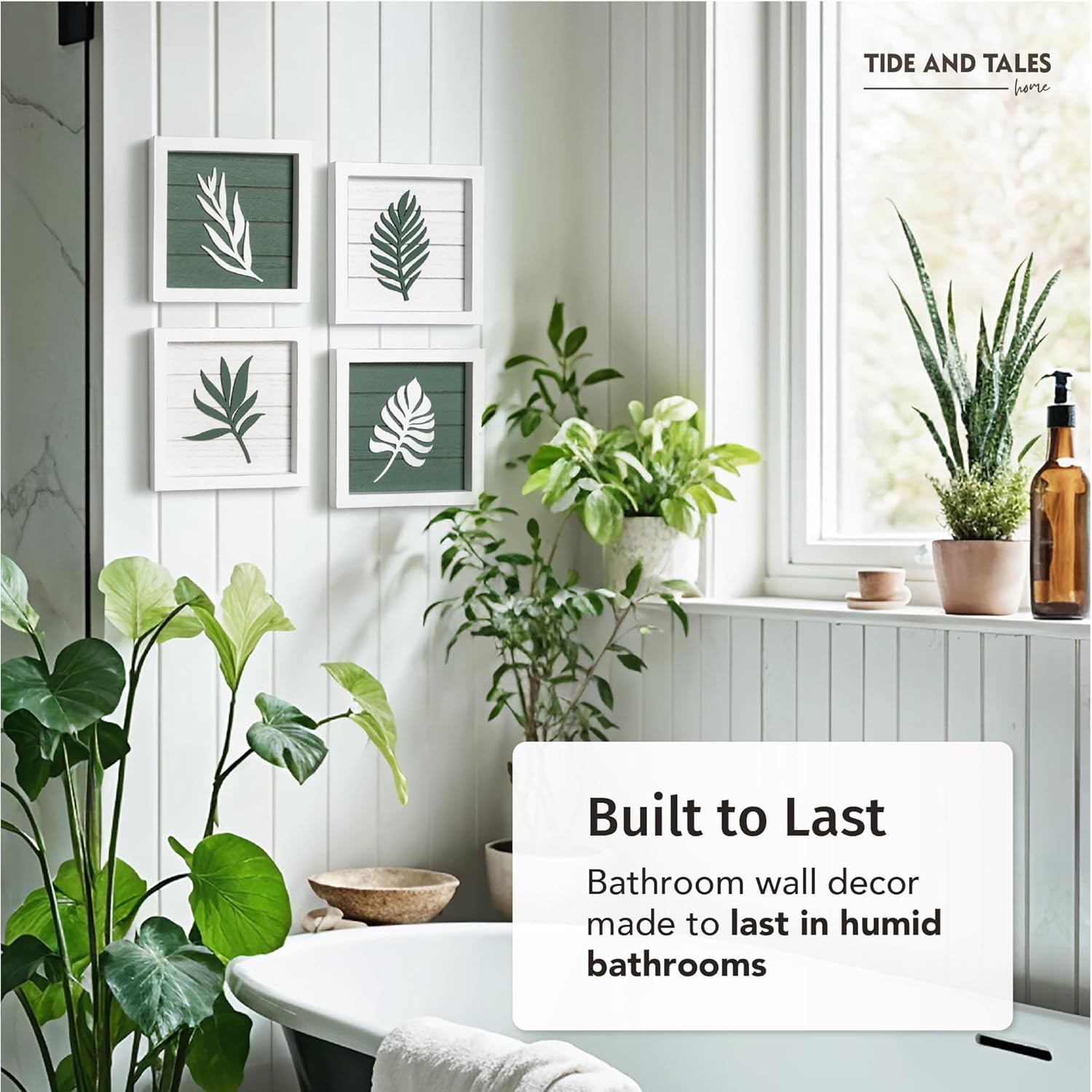 3D Green Botanical Wall Art (Framed Set of 4) Lightweight, Ready-to-Hang Leaf Decor - Wooden Minimalist Boho Wall Art for Bathroom, Bedroom, Living Room or Office - Farmhouse Plant Artwork 7"x7"