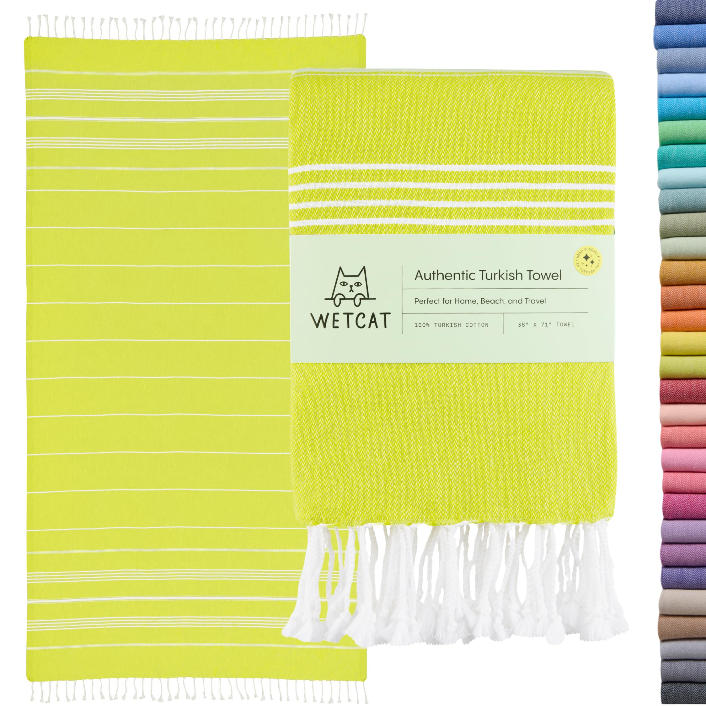 WETCAT Turkish Beach Towel Oversized (38"x71") 100% Turkish Cotton, Made in Turkey - Sand Free, Extra Large, Ultra Soft, Quick Drying, Compact & Lightweight for Travel - Citrus