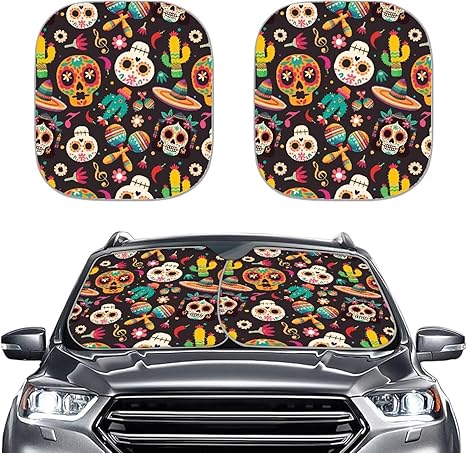 Sugar Skull Botanical Car Windshield Sun Shade 2pcs, Colorful Forest Flower Automotive Foldable Front Window Sunshade, Mexican Day of Dead Auto Visor Protector