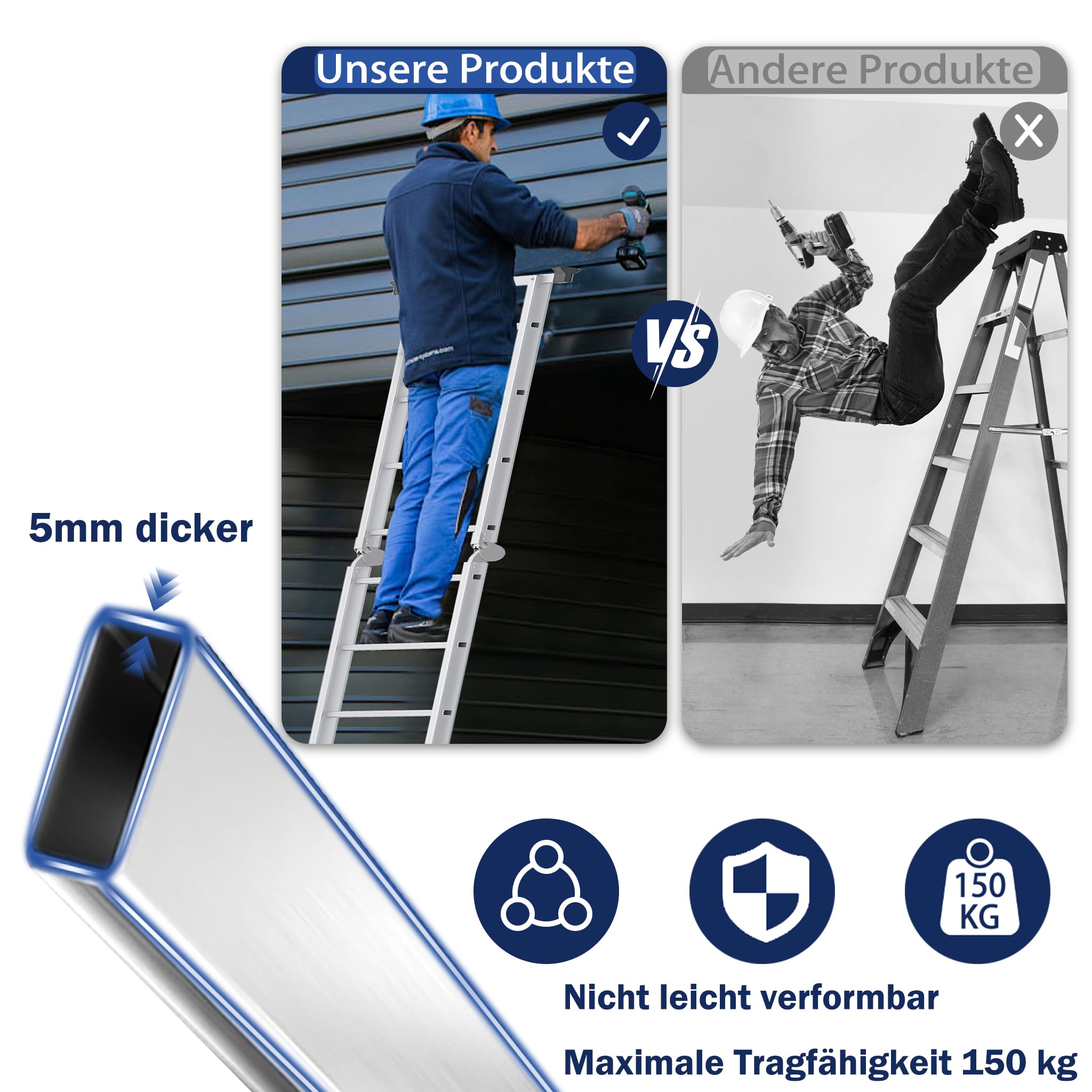 XMTECH 340cm Leiter Mehrzweckleiter Klappleiter Gelenkleiter mit Plattform Aluleiter Multifunktionsleiter Kombileiter 6 in 1 Anlegeleiter Stehleiter aus Aluminium - 4x3 Stufen, Silber