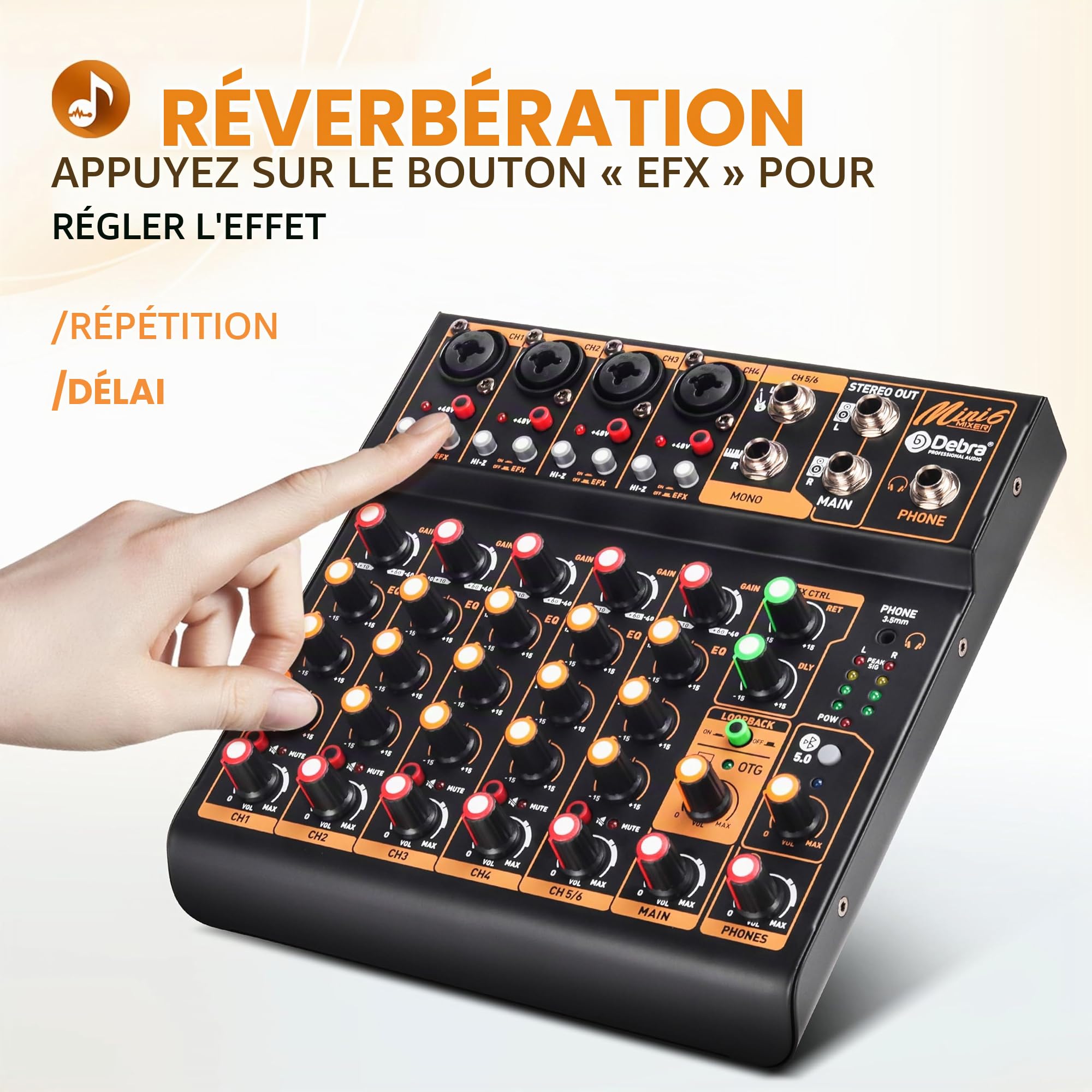 Mixeur DJ professionnel Mini6 – 6 canaux avec interface USB, Bluetooth et alimentation fantôme 48V – Parfait pour streaming, podcasts et performances en direct