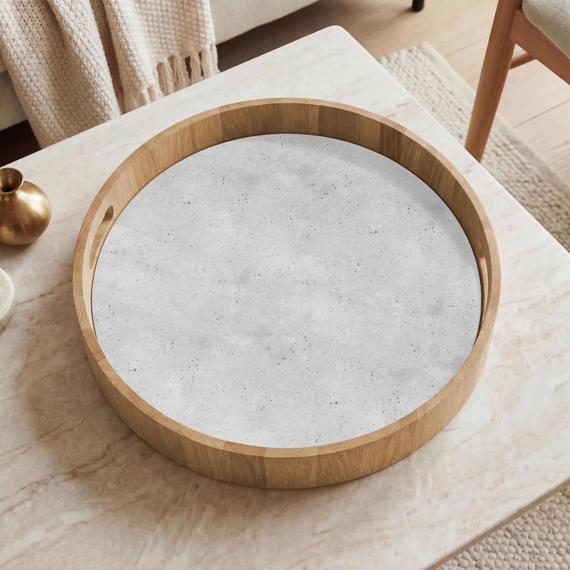 Tablett Rund 40x40 cm Serviertablett rutschfest Griff Küchentablett Servierplatte Eiche Holztablett Hitzebeständig Kaffeetablett Grau - Konkret - Neutral