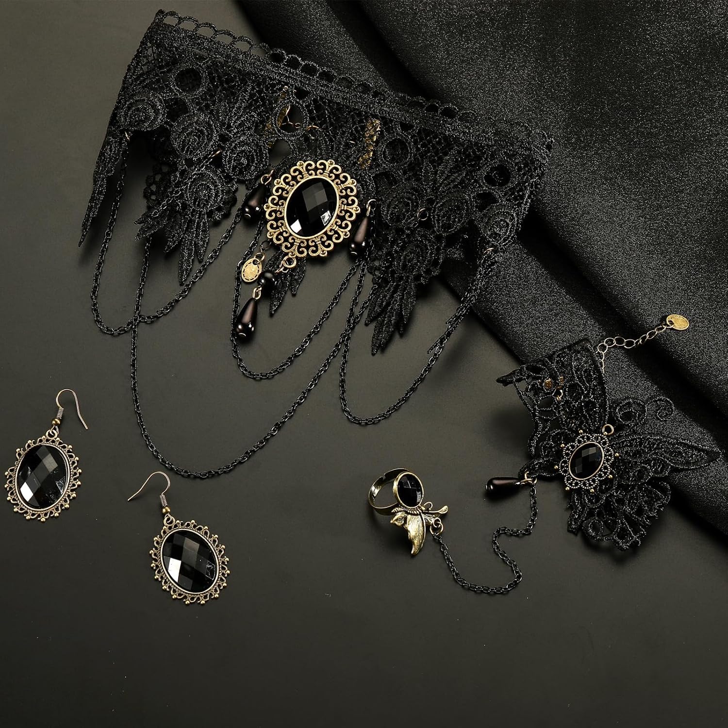 Gothic Victorian Style Vampire Choker Necklace Bracelet Earrings Set,Halloween Pirate Steampunk Witch Vampire Costume Accessories Jewelry for Women,Adjustable Size - Image 4