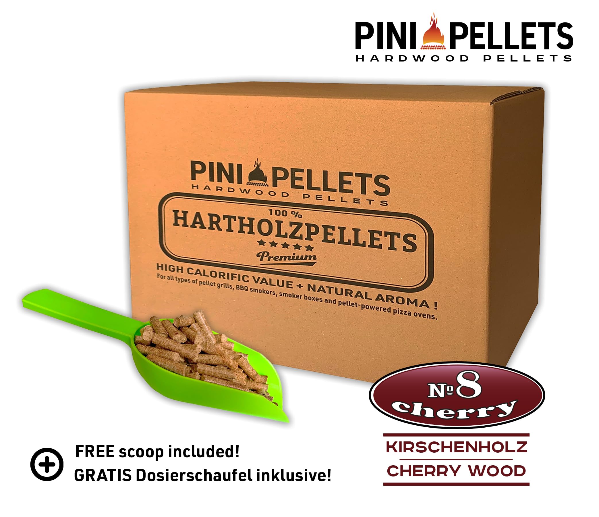 PINI Pellets № 8 Ciliegio 10 kg Pellets di legno duro per barbecue, affumicatura e griglia