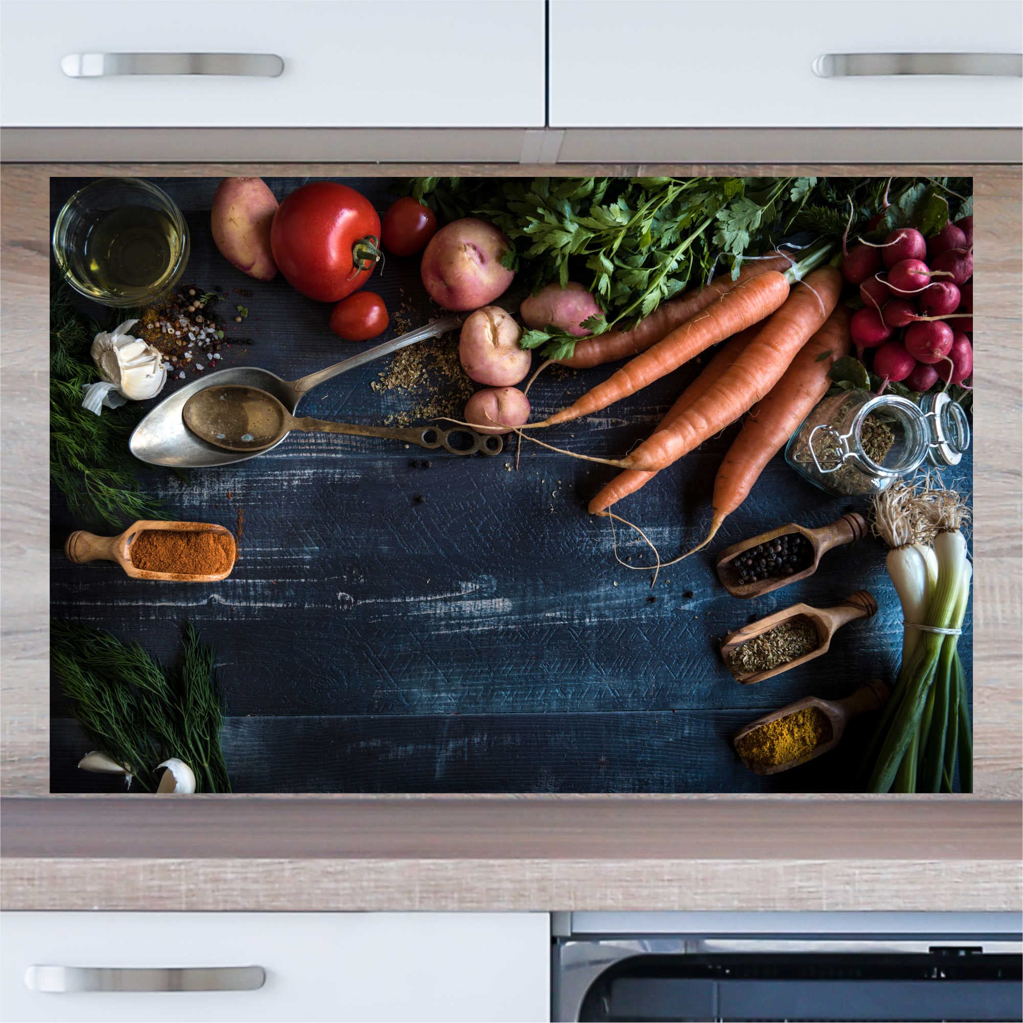 INDIGOS UG Splash Guard – Vegetable on Wood – 90 x 60 cm – Aluminium Composite Plate Printed – with Picture – Motif – Kitchen Back Wall – Sign – Splash Guard – Cooker – Oven