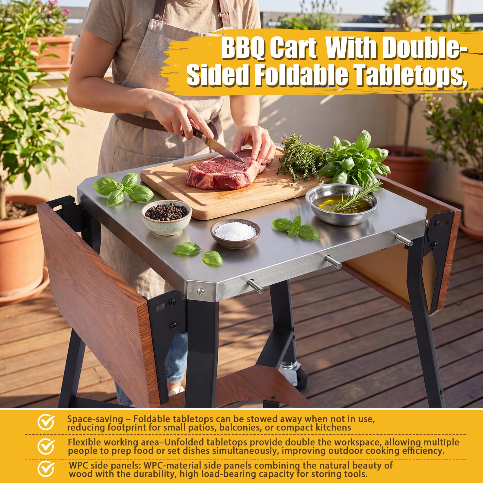 GFTIME Carrello per barbecue con piano di lavoro in acciaio inox, con 2 ripiani laterali pieghevoli, supporto per bombole a gas e ruote, carrello da cucina mobile per barbecue, forno per pizza e