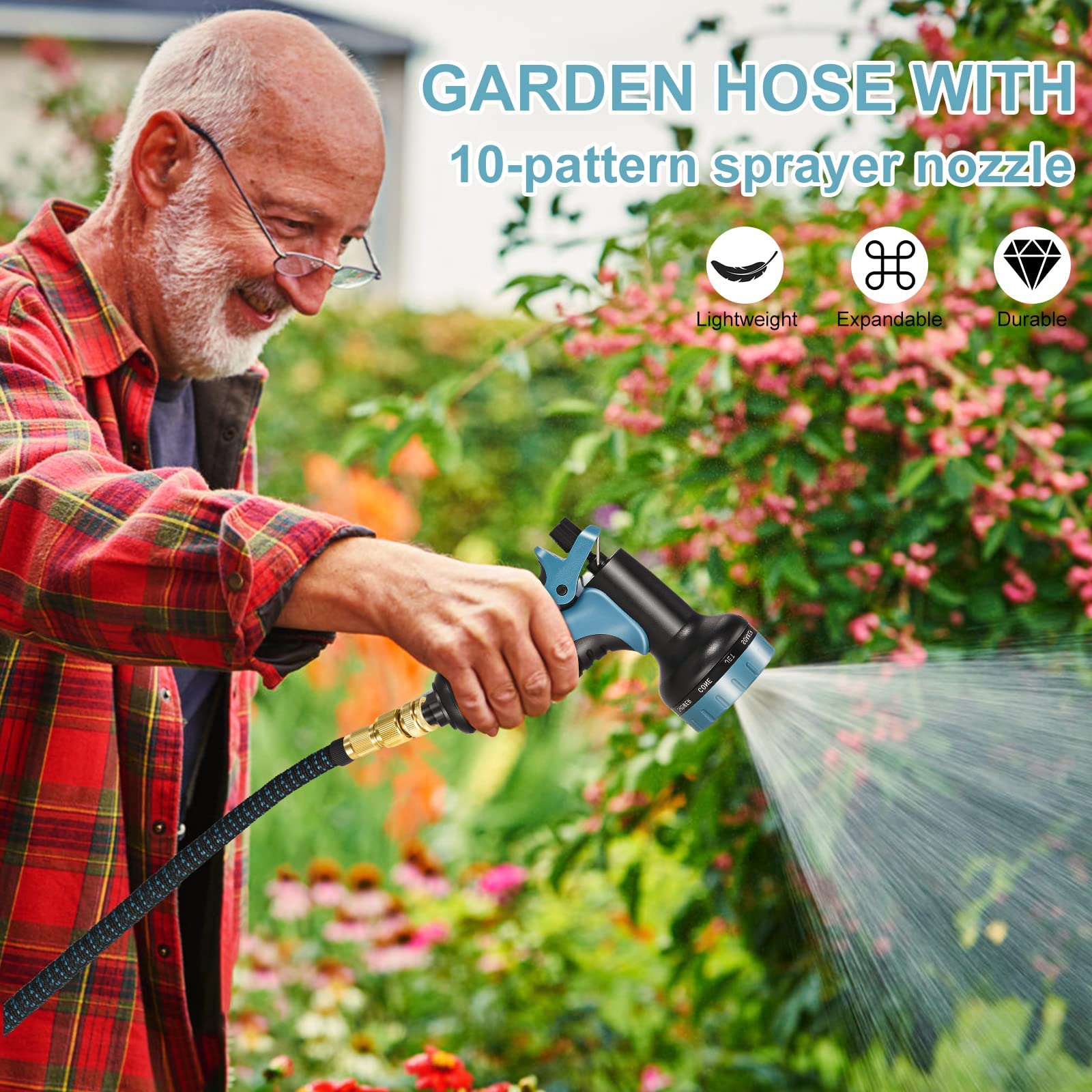 Tubo da Giardino Estensibile 45 m, 150 FT Tubo Flessibile da Giardino con Tubo in Tpe e Adattatore in Alluminio Rame e Pistola ad Acqua per Autolavaggio e Irrigazione Giardino (15M / 50 FT)