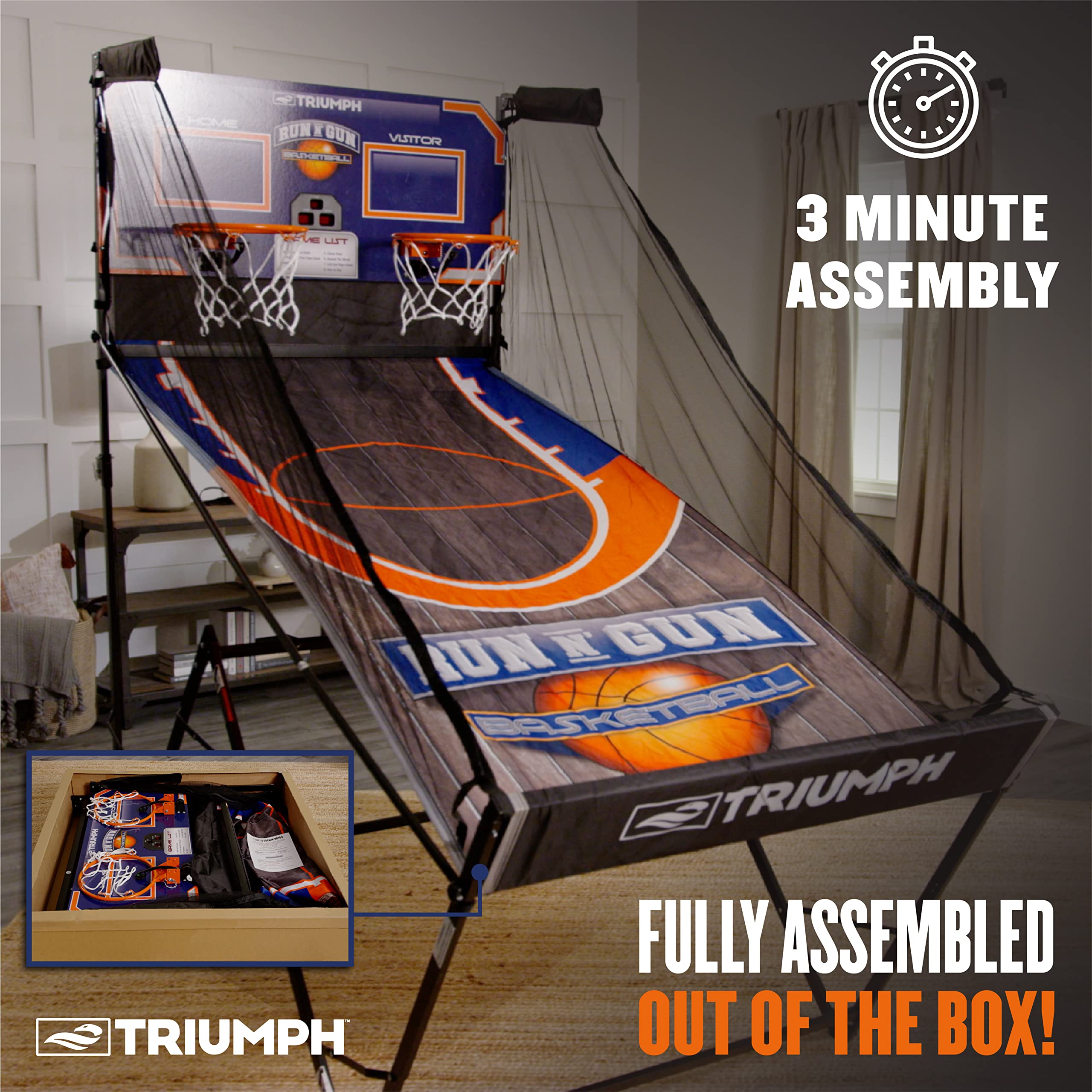 Amazon.com: TRIUMPH Sports Run n Gun Arcade Basketball Shootout Game Fully  and Semi Assembled Out of The Box Fold Out and Play! Folds 100% Flat for  Complete Storage Fully Portable, Play Inside
