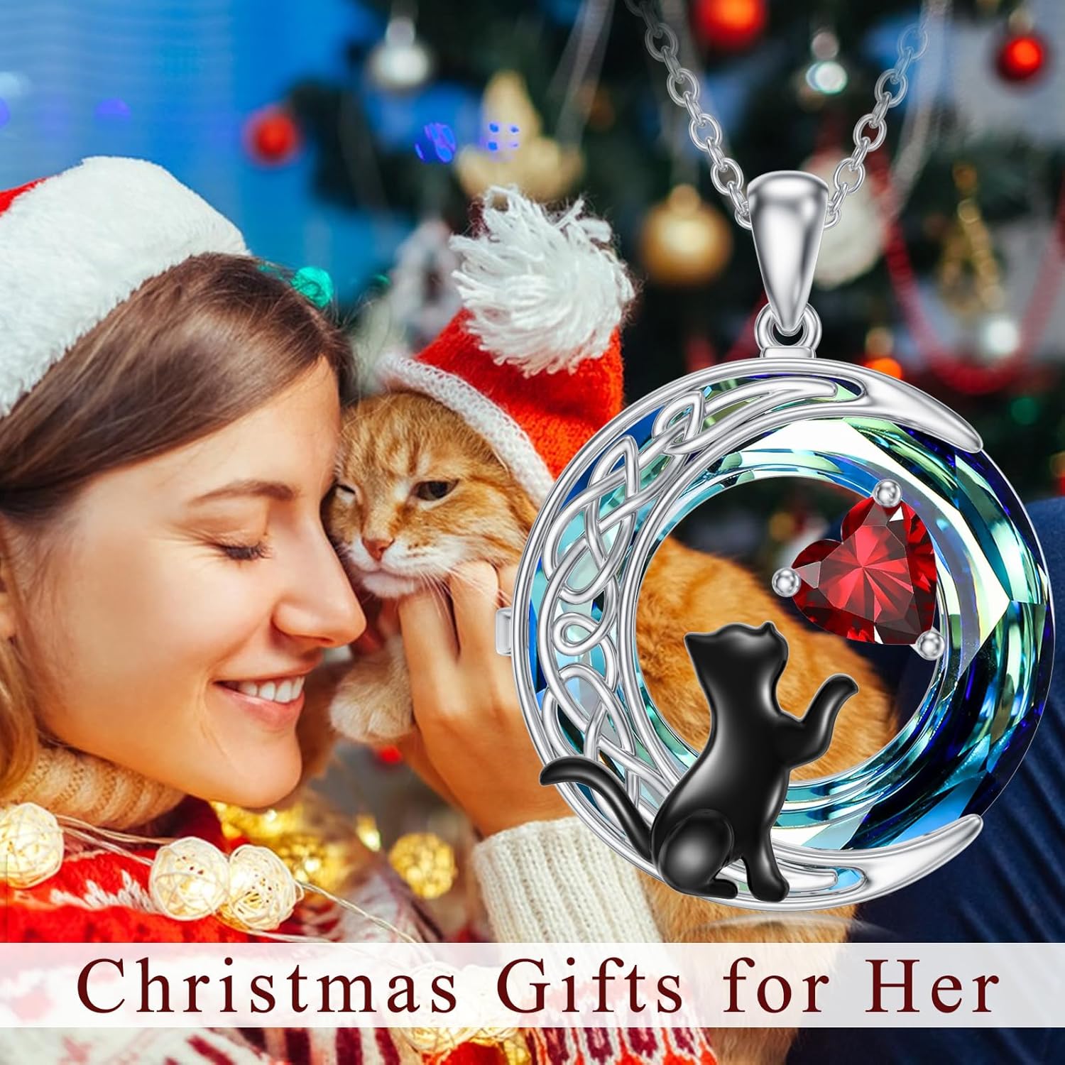 TOUPOP Cat Gifts for Cats Lovers 925 Sterling Silver Black Cat Necklace Celtic Moon Birthstone Jewelry for Women Valentines Day Birthday Gifts for Her - Image 2