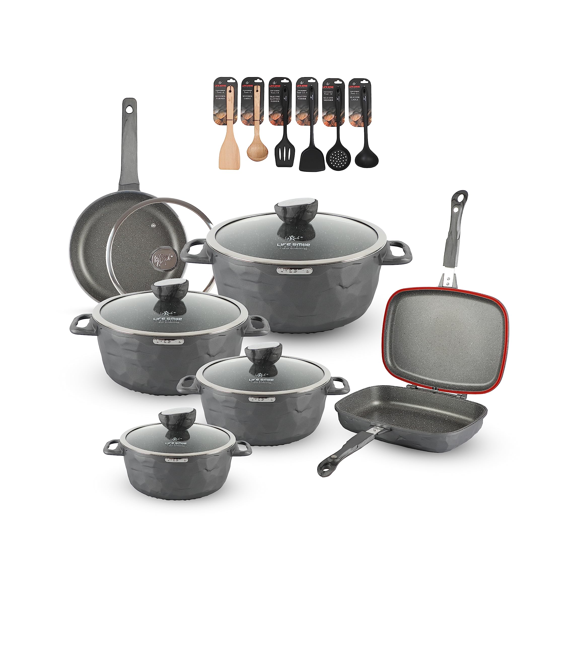 Cookware Set 18 pieces - LIFE SMILE Induction Pot and Pan set-Granite Non Stick Coating , Die Cast aluminum Body include Casseroles & Fry Pan & Double Grill Pan & Kitchen Utensils (Davy Grey)