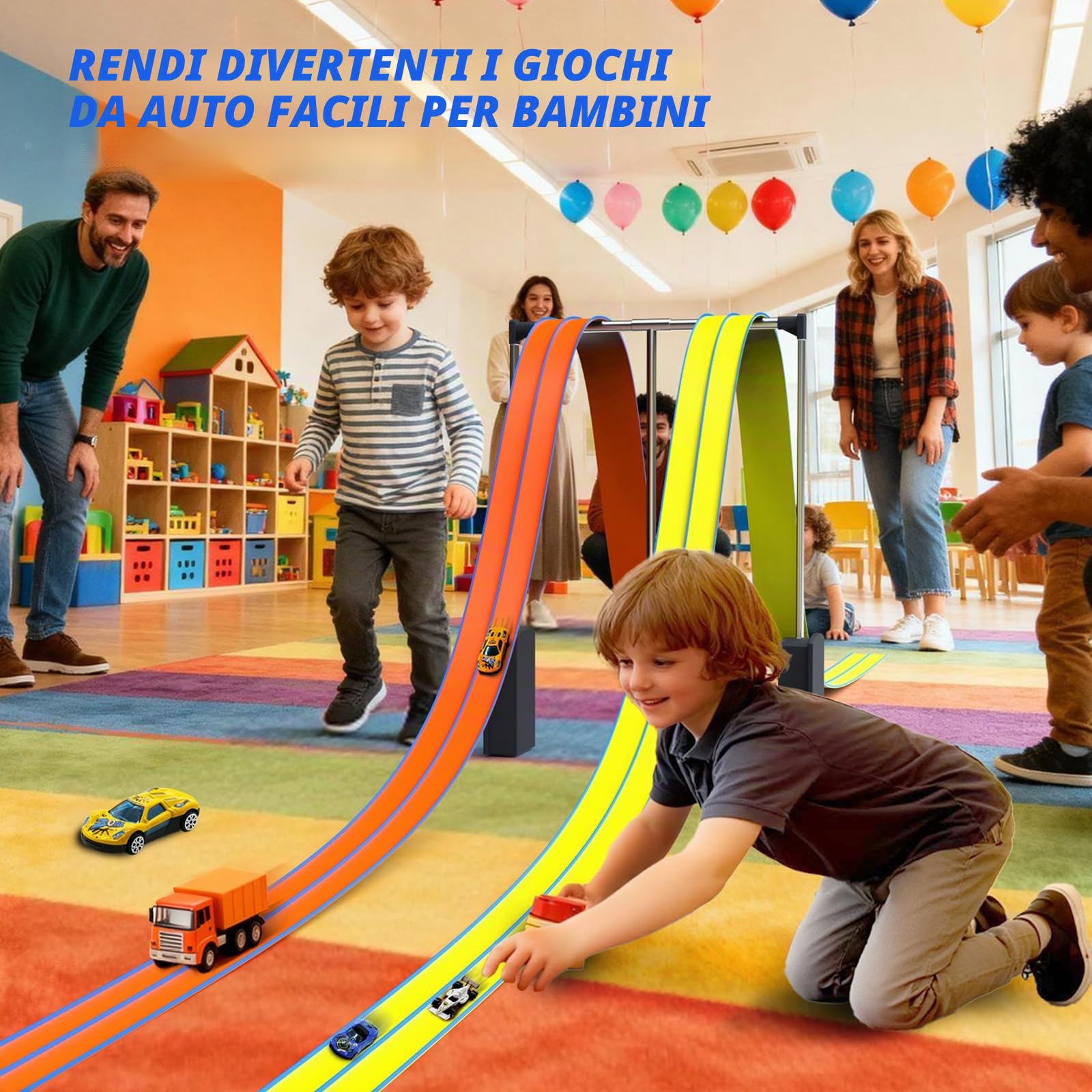 ACELIFE Autocarri flessibili, 4,5 m, incluse 4 auto, rampe portatili, per auto da 1/64°, giocattolo regalo per bambini a partire dai 3 anni in su