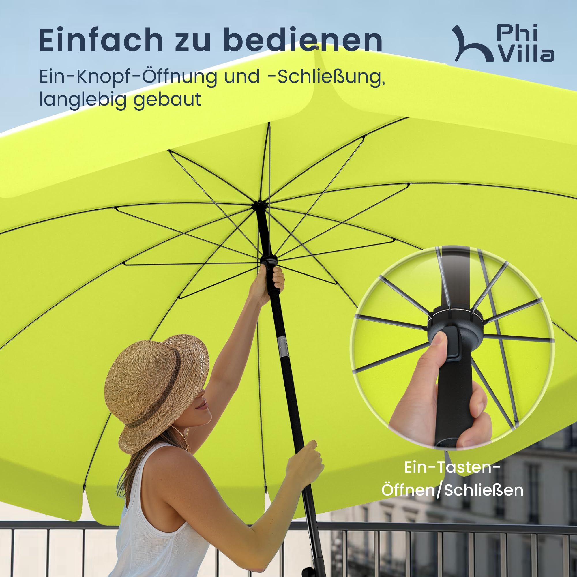 PHI VILLA Ø175-220 cm, ombrellone regolabile in altezza con custodia e morsetto, ombrellone da spiaggia, pieghevole, antivento, stabile da portare con sé, protezione UV50+, per balcone, spiaggia