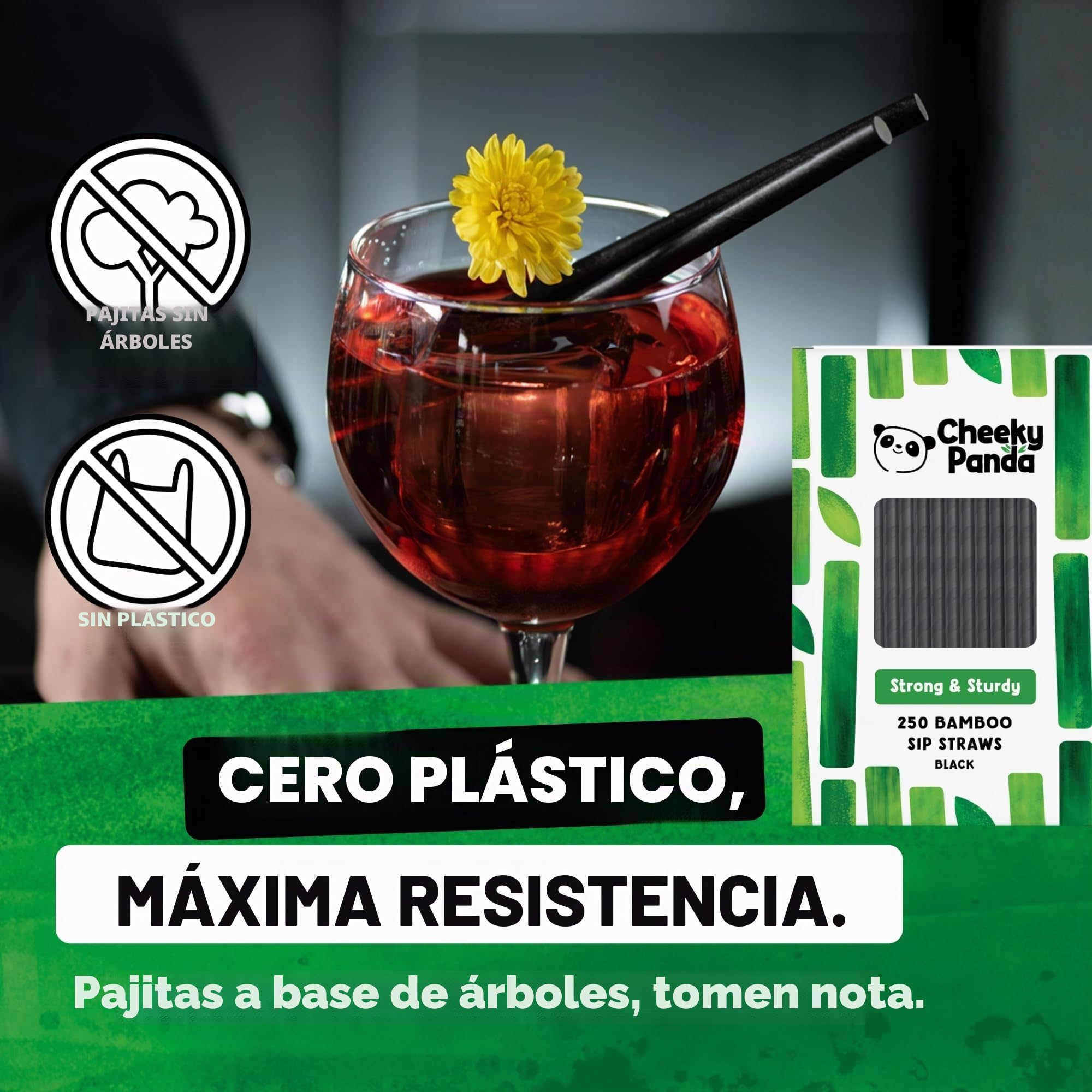 The Cheeky Panda – Bamboo (Perfecto para cócteles) Pajitas de papel negro | Paquete de 250 pajitas | 100% biodegradable, sin plástico, ecológico, resistente y sostenible