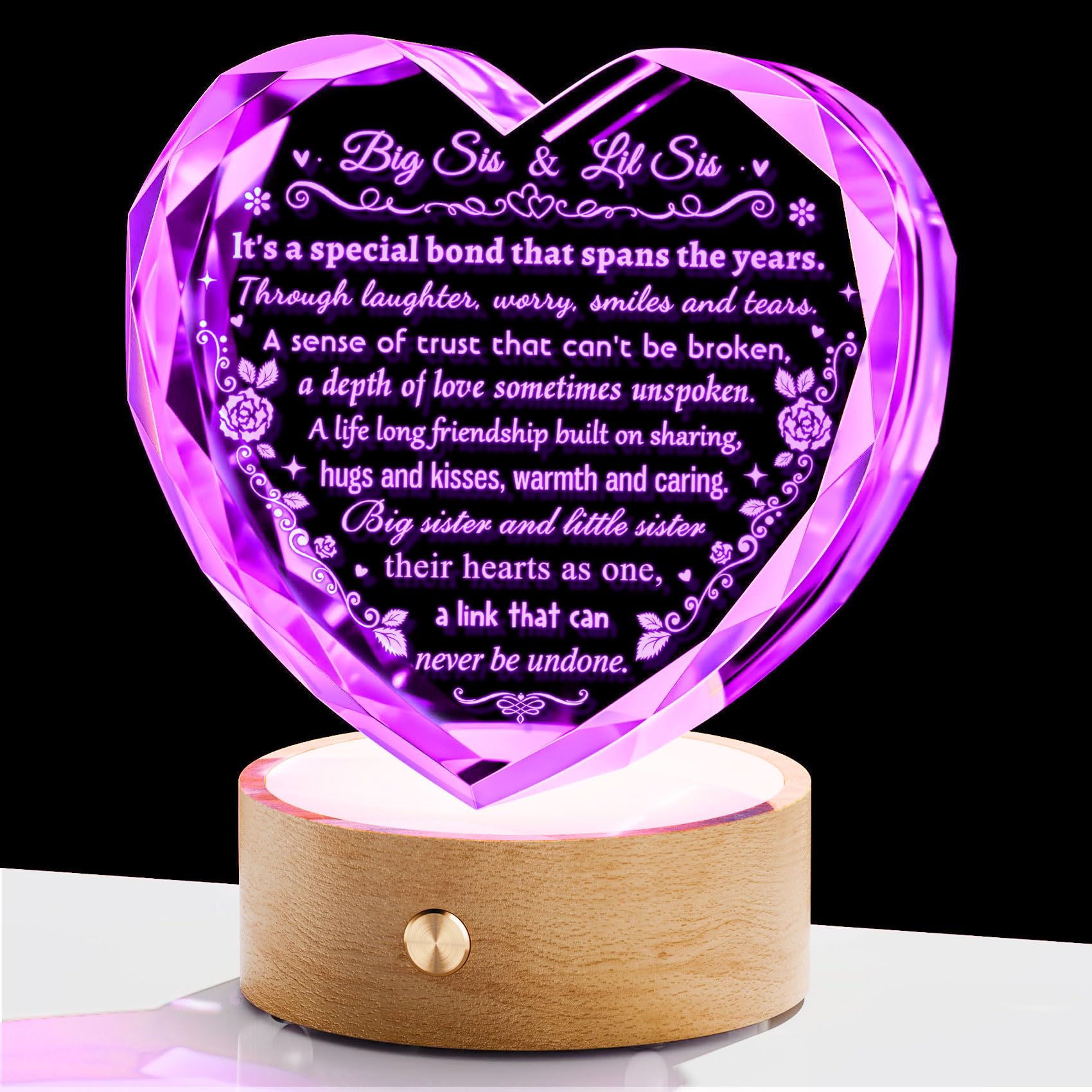 YWHL Sister Birthday Gifts from Sister, Special Christmas Sister Gifts, Big Sis & Lil Sis Heart Crystal Keepsake with Wooden Colorful Light Base