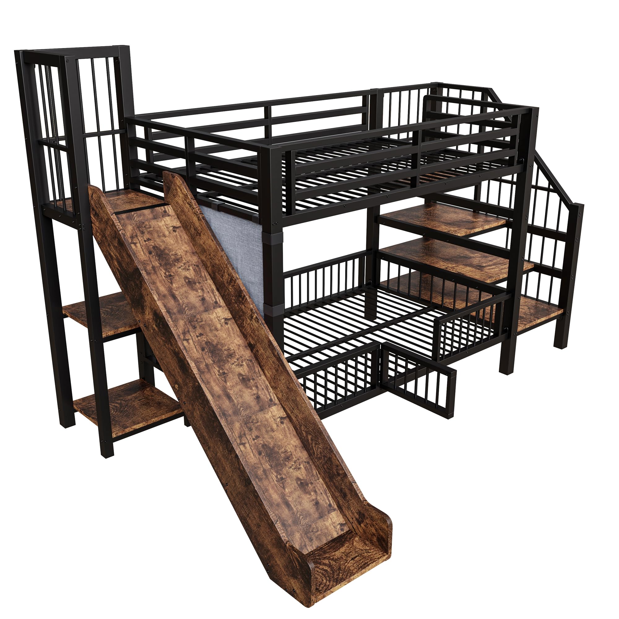 Merax Metall-Etagenbett 90×200 cm, mit Rutsche, Stauraumtreppe, Schutzgitter, integrierten Regalen, platzsparendes Kinderbett, Etagenbett für Jungen & Mädchen, Schwarz (ohne Matratze)