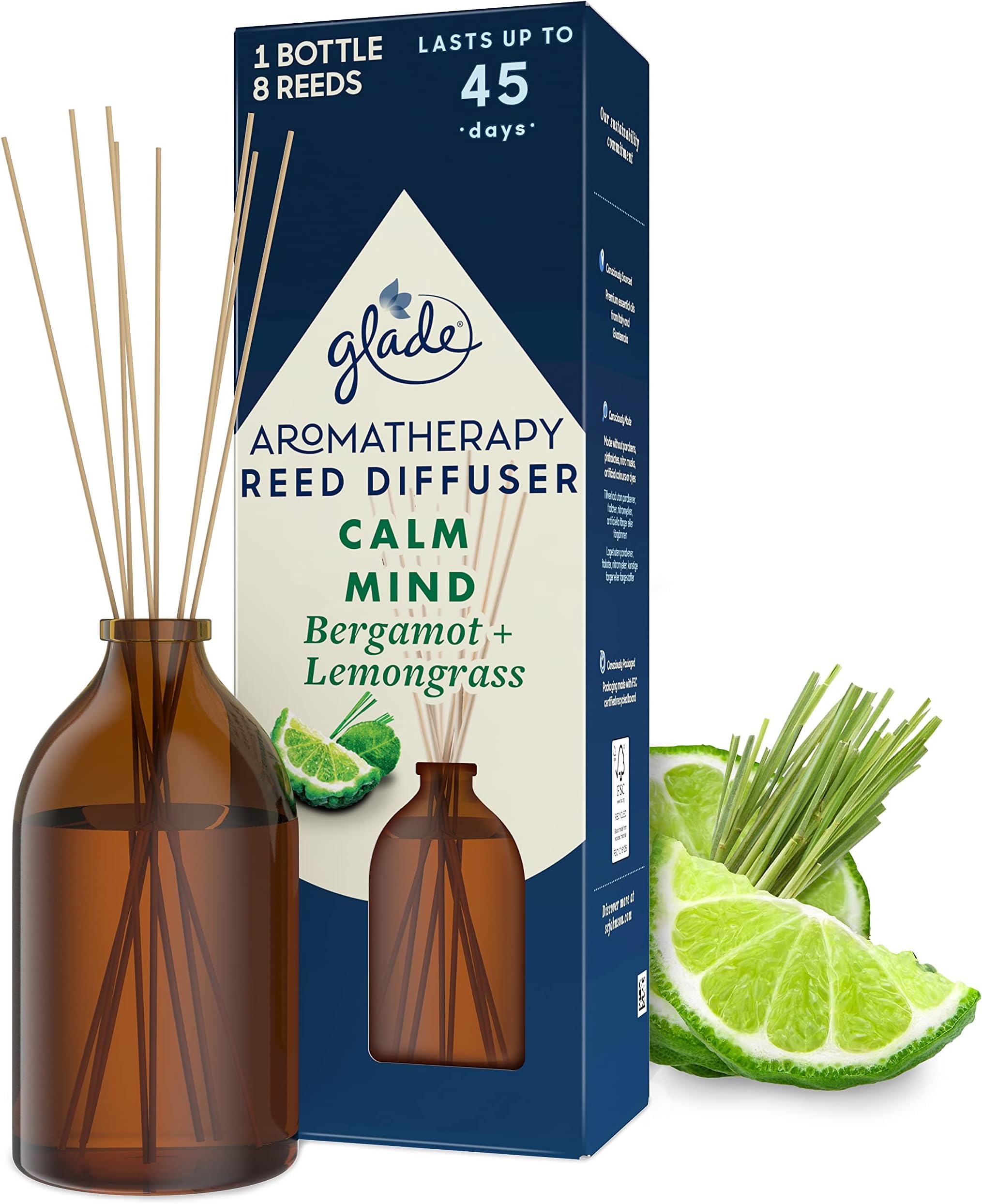 Glade Aromatherapy Reed Diffuser, Home Decor Essential Oils Diffuser Soothing Fragrance, Calm Mind with Italian Bergamot & Guatemalan Lemongrass, 80 ml