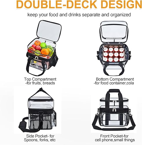 Miniatura 4 de Bolsa de almuerzo transparente de doble cubierta para el trabajo, bolsa de almuerzo transparente con correa ajustable para el hombro y compartimento