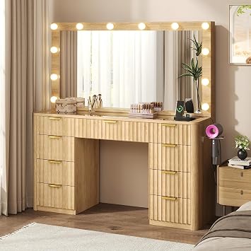 knoworld 47" Fluted Vanity Desk with Large 42" Mirror & Lights, Wood Big Makeup Vanity w/Glass Top, Charging Station, Hair Dryer Holder, Make up Table Desk for Women Bedroom Natural Oak, 9 Drawers