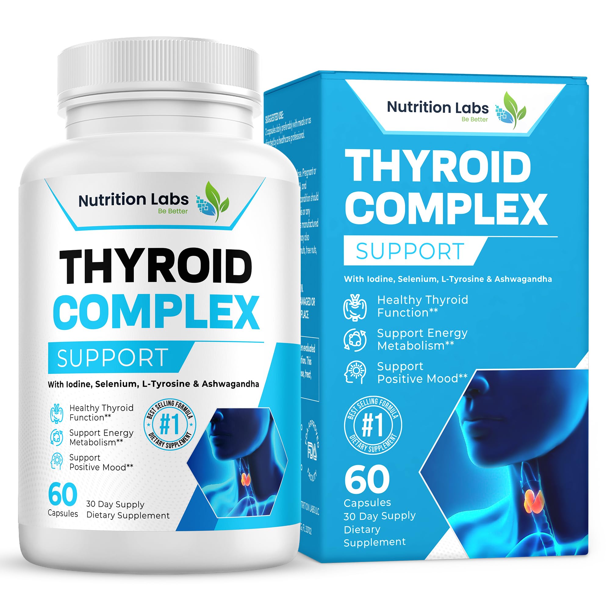 Thyroid Support Advanced Herbal Supplement for Women & Men with B12, Iodine 150 mcg, L-Tyrosine, Bladderwrack, Kelp, Selenium 200 mcg & Ashwagandha. Mood Enhancer, Increase Energy, Thyroid Health