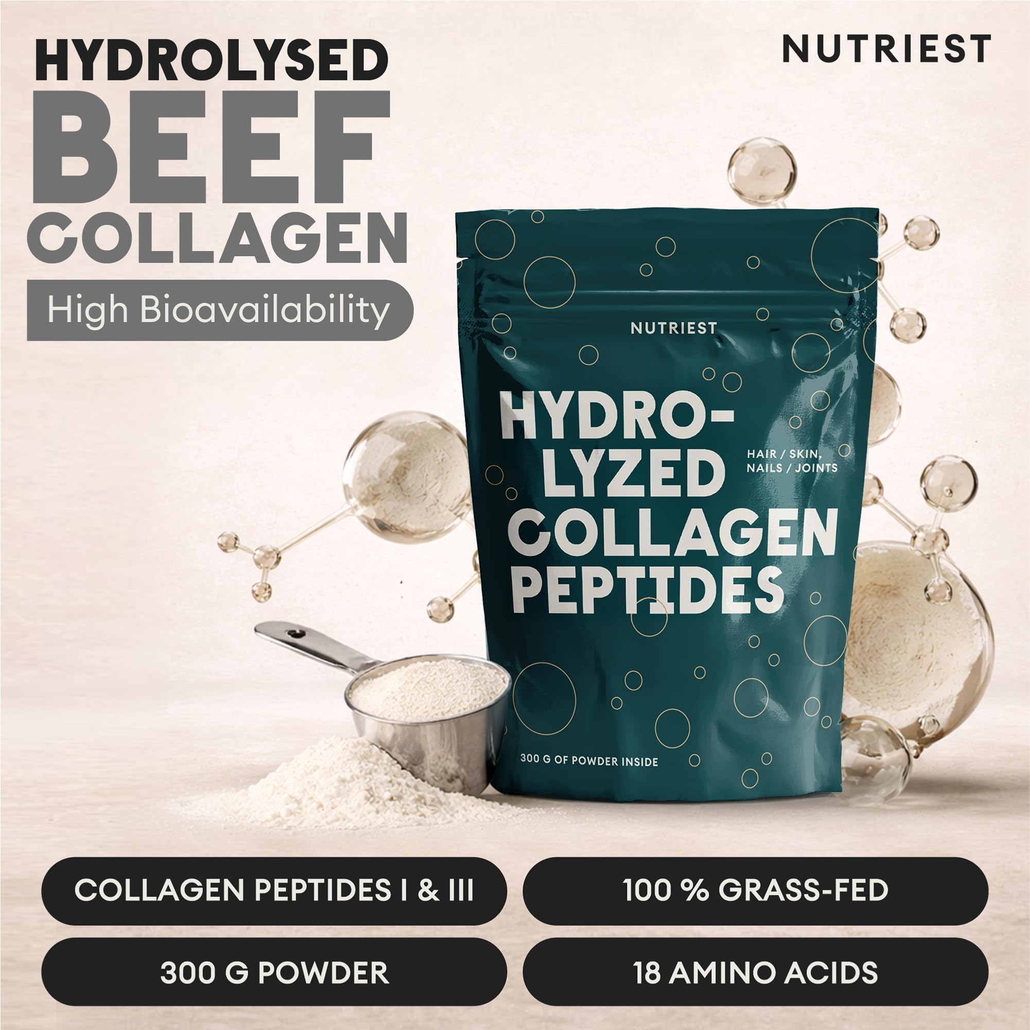 Nutriest Collagen Peptides Powder (300 g) I Beef Collagen Powder from Certified Ecological Livestock - Hydrolyzed Collagen I For Joints, Intestines and Skin I Peptides