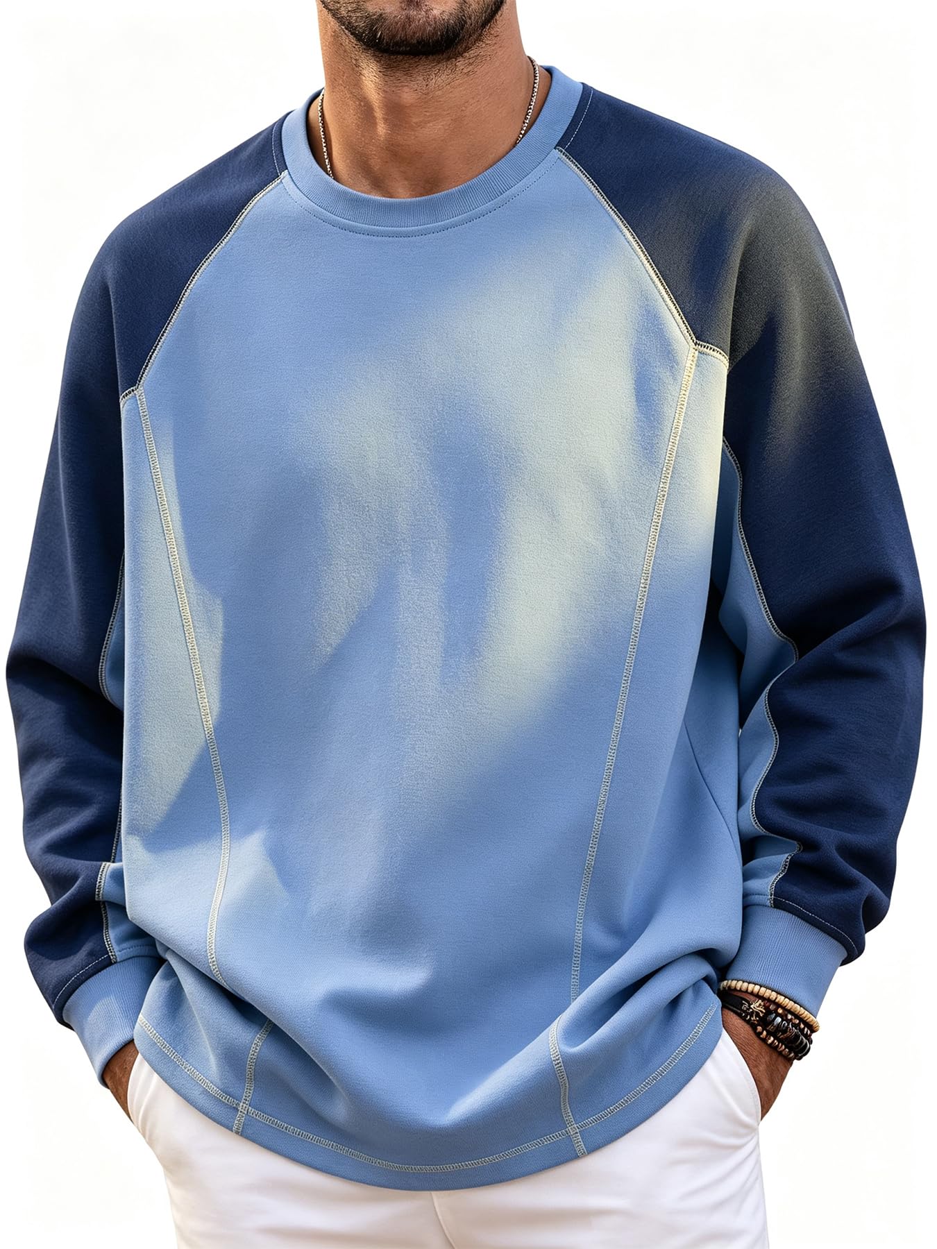 Paquete de 1 playera de manga larga para hombre, con bloques de color, holgada, casual, para todas las estaciones, para deportes callejeros, blusa de moda al aire última intervensión, versátil, Azul