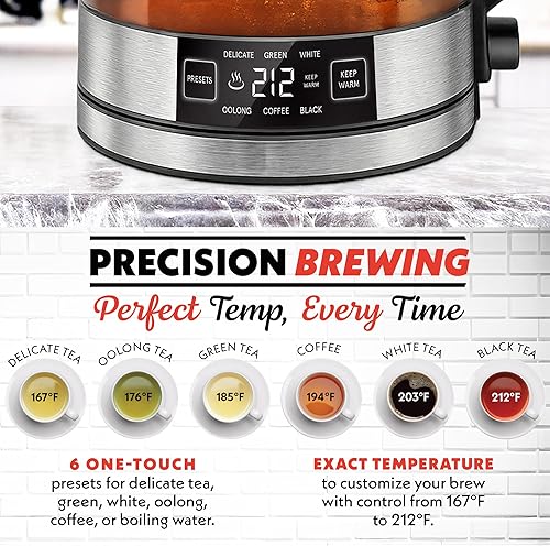 Miniatura 2 de Gourmia Hervidor digital programable de vidrio  Hervidor eléctrico de temperatura ajustable de 1.7 L con 6 ajustes preestablecidos, mantiene el