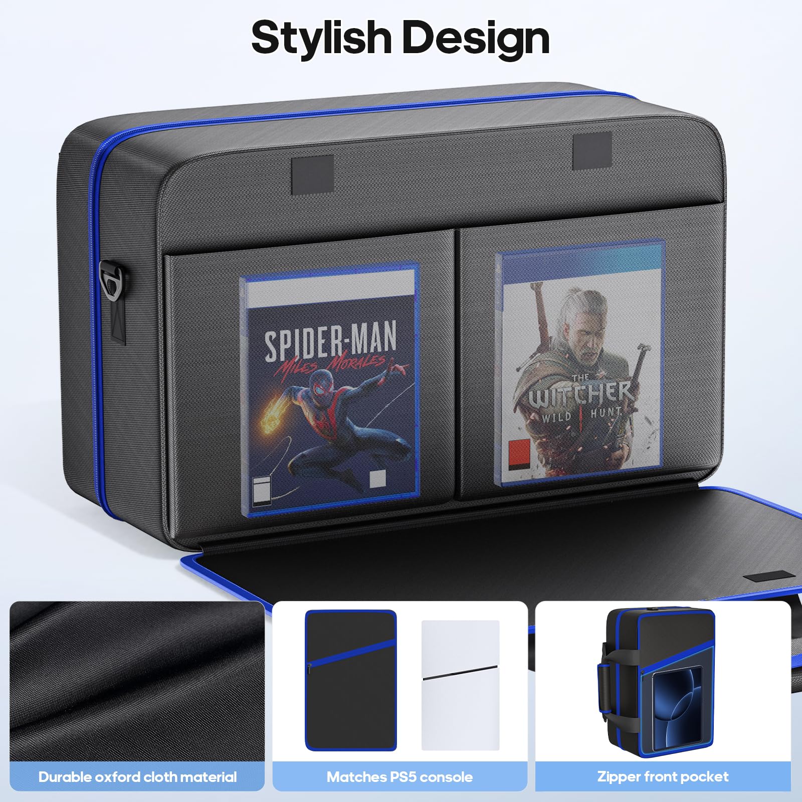 Gersker PS5 Tasche kompatibel mit PS 5/Slim/Pro Digital & Disc, 10 Fächer Aufbewahrung PS5 Rucksack für PS Portal, 4 Spielkarten, 2 Controller, PS 5 Reisetasche mit großer Kapazität, Schwarz & Blau
