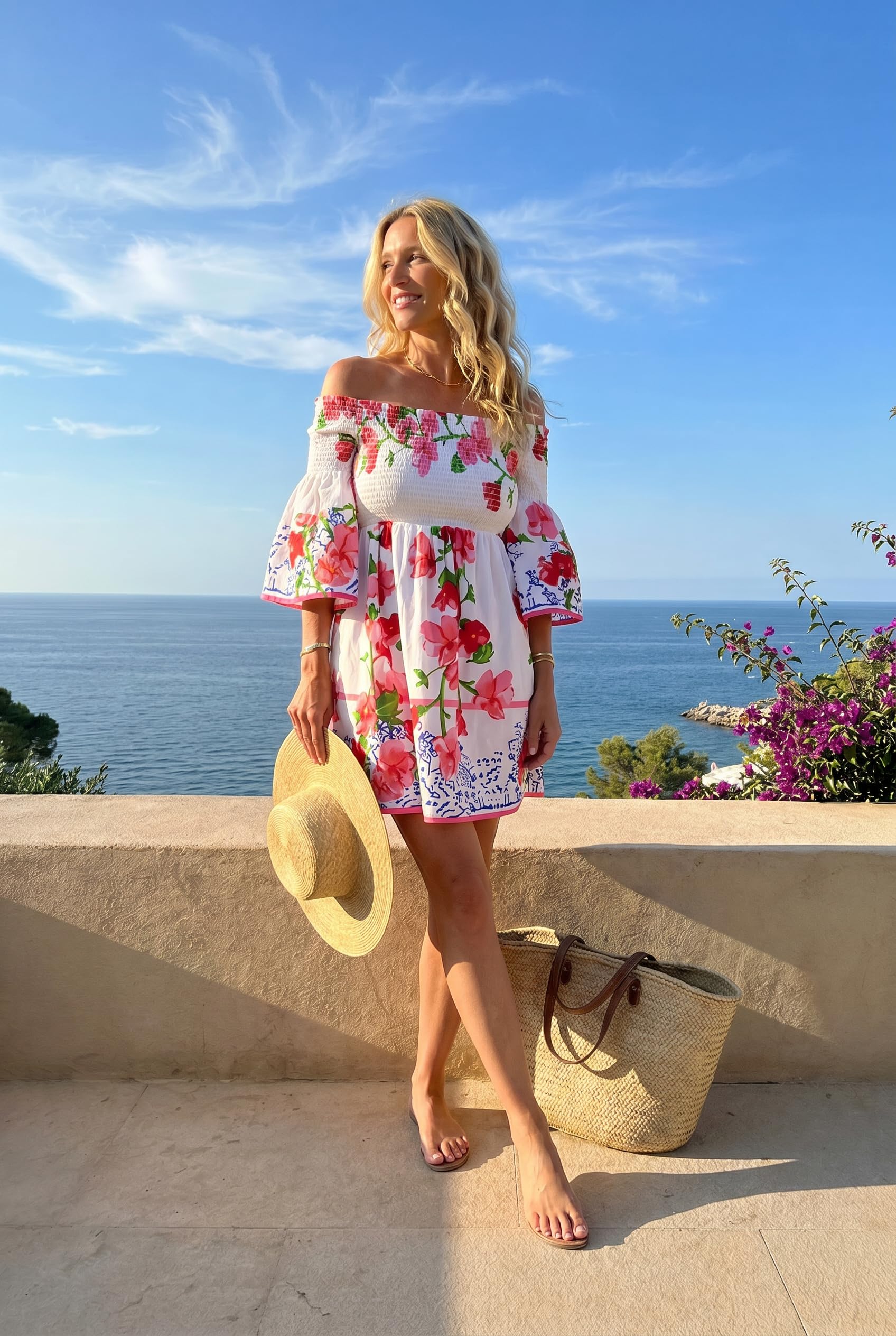 Antica Sartoria - Abito corto da donna, scollo a bardot con spalle scoperte e maniche a volant, stile boho chic, in cotone, estivo