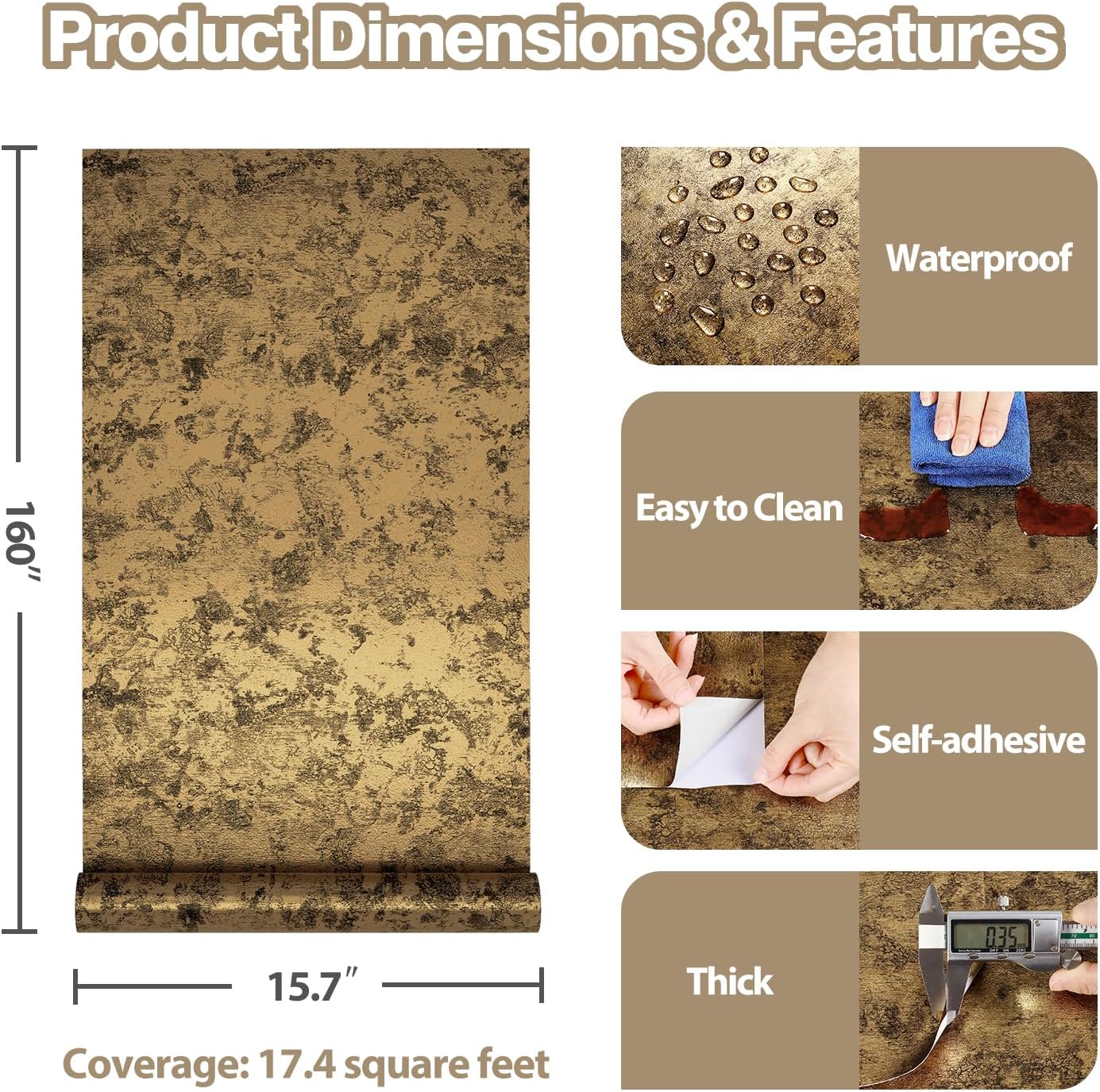 Antique Gold Wallpaper Stick and Peel Metallic Contact Paper for Appliances Waterproof Textured Black Gold Metal Wallpaper 15.7"x160" Removable Heat Resistant Kitchen Vinyl Wrap for Cabinets