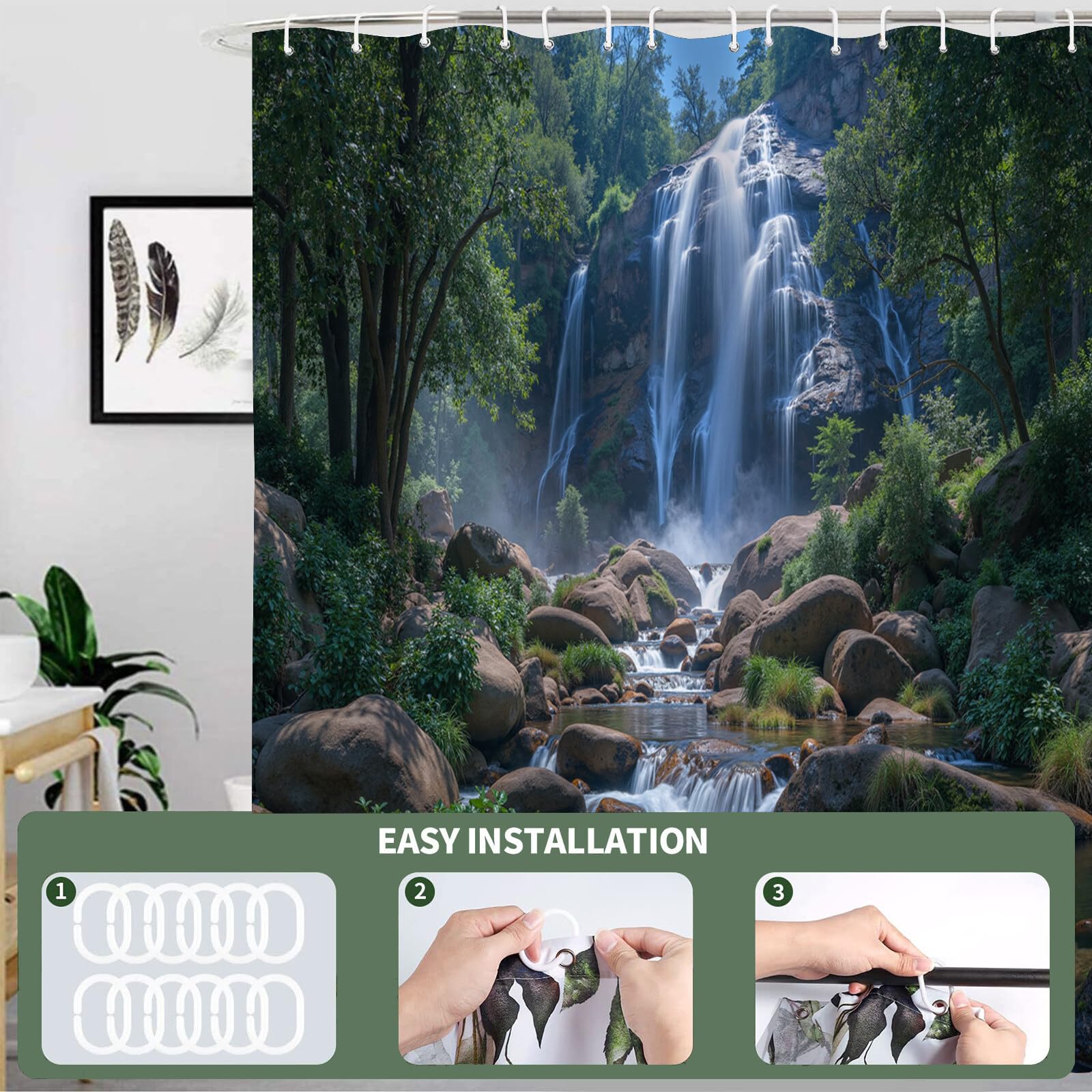 Rideau Douche,Rideau Baignoire Lavable en Machine Rideaux Douche Tissus Lavable Rideau De Baignoire Lavable pour Salle De Bain Domicile Baignoire Famille,Forêt De Cascades,