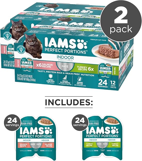 IAMS Perfect Portions Pate Wet Cat Food, Salmon & Turkey, 12 Count, 2-Pack | Grain-free, antioxidant Vitamin E for immunity, prebiotic fiber for digestion, snap-peel-serve 2.6 oz. twin-pack trays