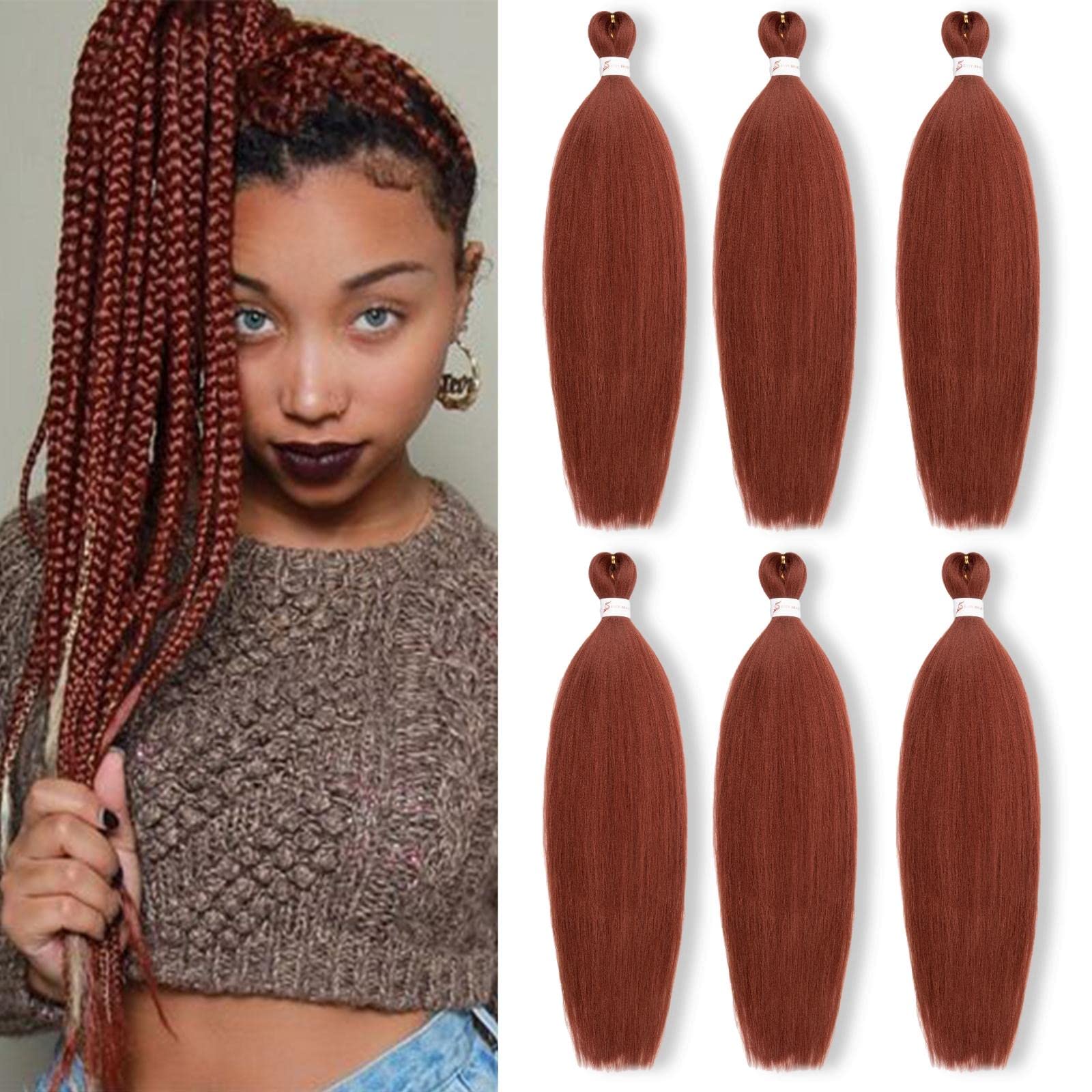 Ginger Braiding Hair Pre stretched 6 Packs 24 Inch Synthetic Braiding Hair Prestretched Natural Easy Twist Braids Hot Water Setting Professional Soft Yaki Straight Texture (#350)